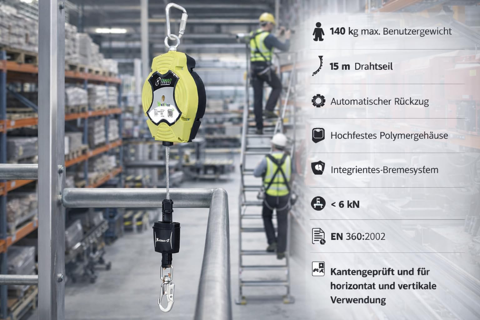 KRATOS SAFETY - HELIXON-S câble, antichute à rappel automatique 15 m, utilisation verticale et horizontale