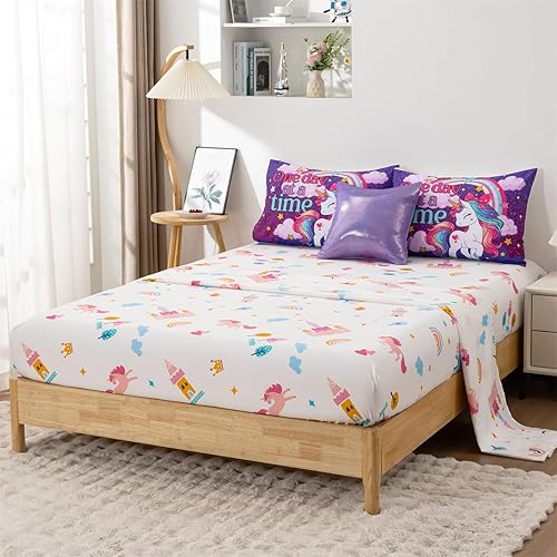 Miniatura 3 de Aimuan Juego de edredón de unicornio para niñas, juego de ropa de cama de 6 piezas rosa y morado con arco iris, estrella, galaxia, estrellas,