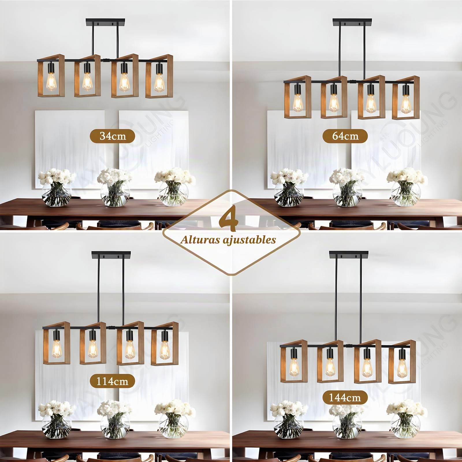Iluminación De Isla De Cocina Negra, Lámpara De Comedor De 4 Luces De L80cm, De Altura Ajustable, Lámpara De Araña Con Marco De Madera, Cocina, Luces De Mesa De Billar, E27 (Bombillas No Incluidas)