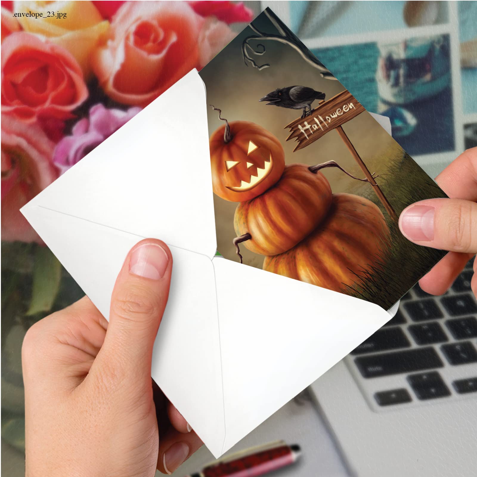 NobleWorks C4962AHWG-B12x1 Lot de 12 cartes de vœux d'Halloween avec enveloppes de 12 x 17,8 cm (1 motif, 12 de chaque) citrouilles effrayantes C4962AHWG-B12x1
