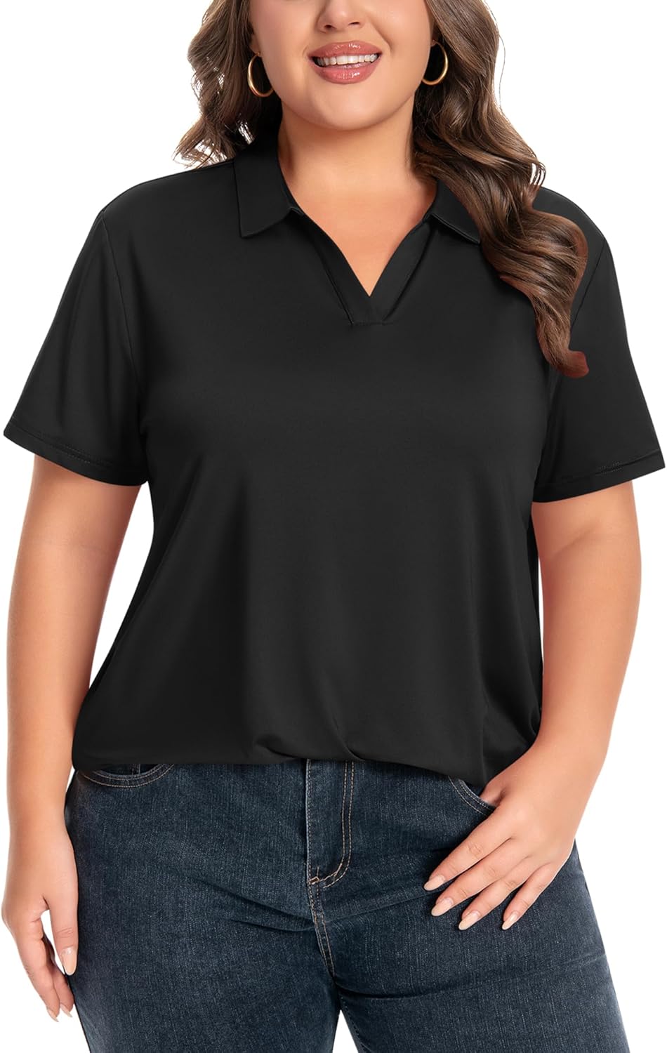 Idtswch Women's Plus Size V-Neck Short Sleeve Polo Shirt Quick-Dry UPF 50+ Casual Work Golf Shirt(XL-6XL)