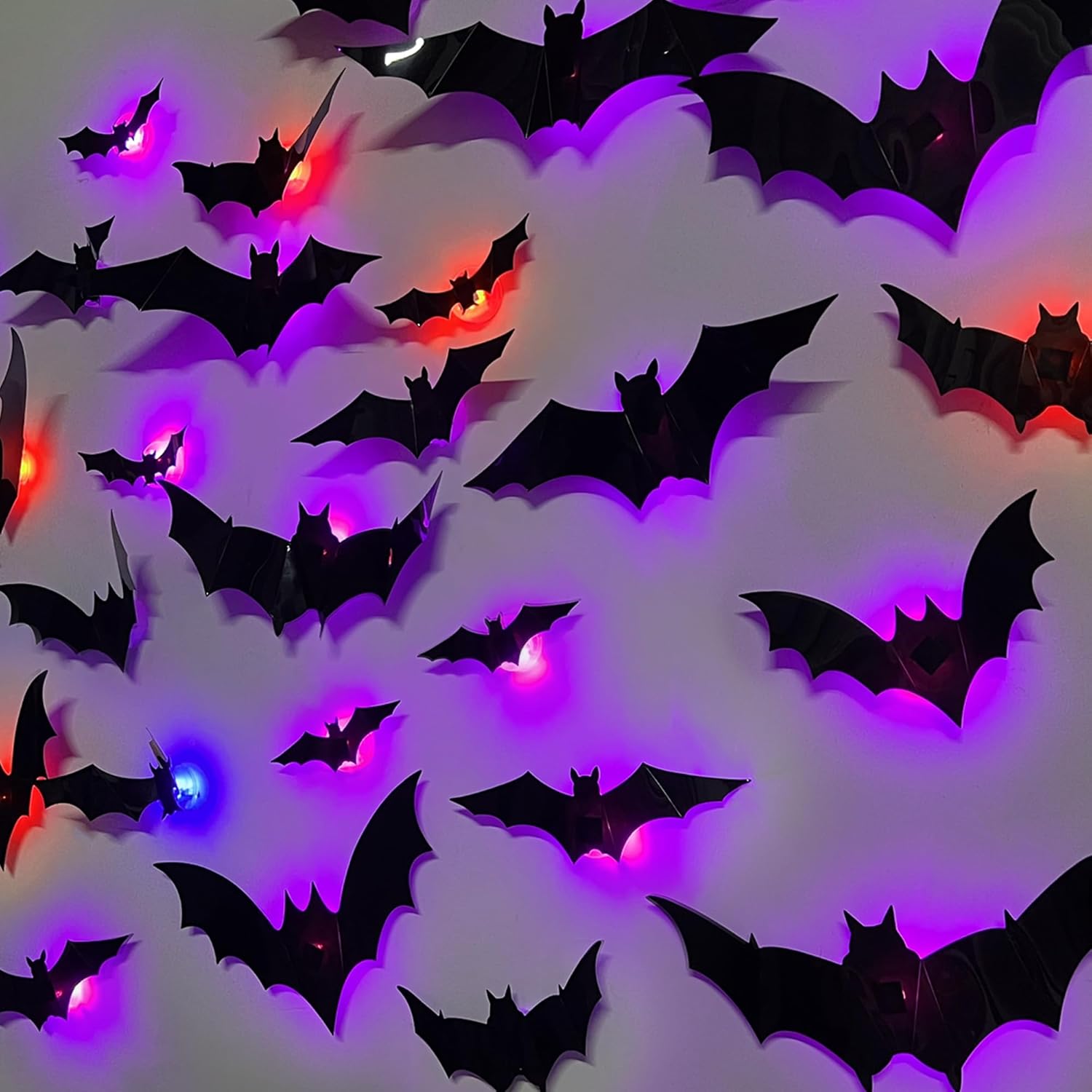 DR.DUDU 36 Pack Halloween Bats Wall Decor – Lighted 3D Bat Stickers Assorted Size for Halloween Party, Bedroom Window Decorations, Indoor and Outdoor Home Decals Red, Purple, Blue-bats