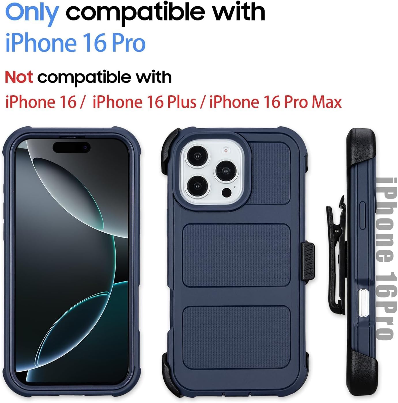 Shockproof Defender Case for iPhone 16 Pro Max with Holster, Heavy Duty Rugged with Stand, for Protective Phone Case iPhone 16 Pro Max Case Blue - Image 2