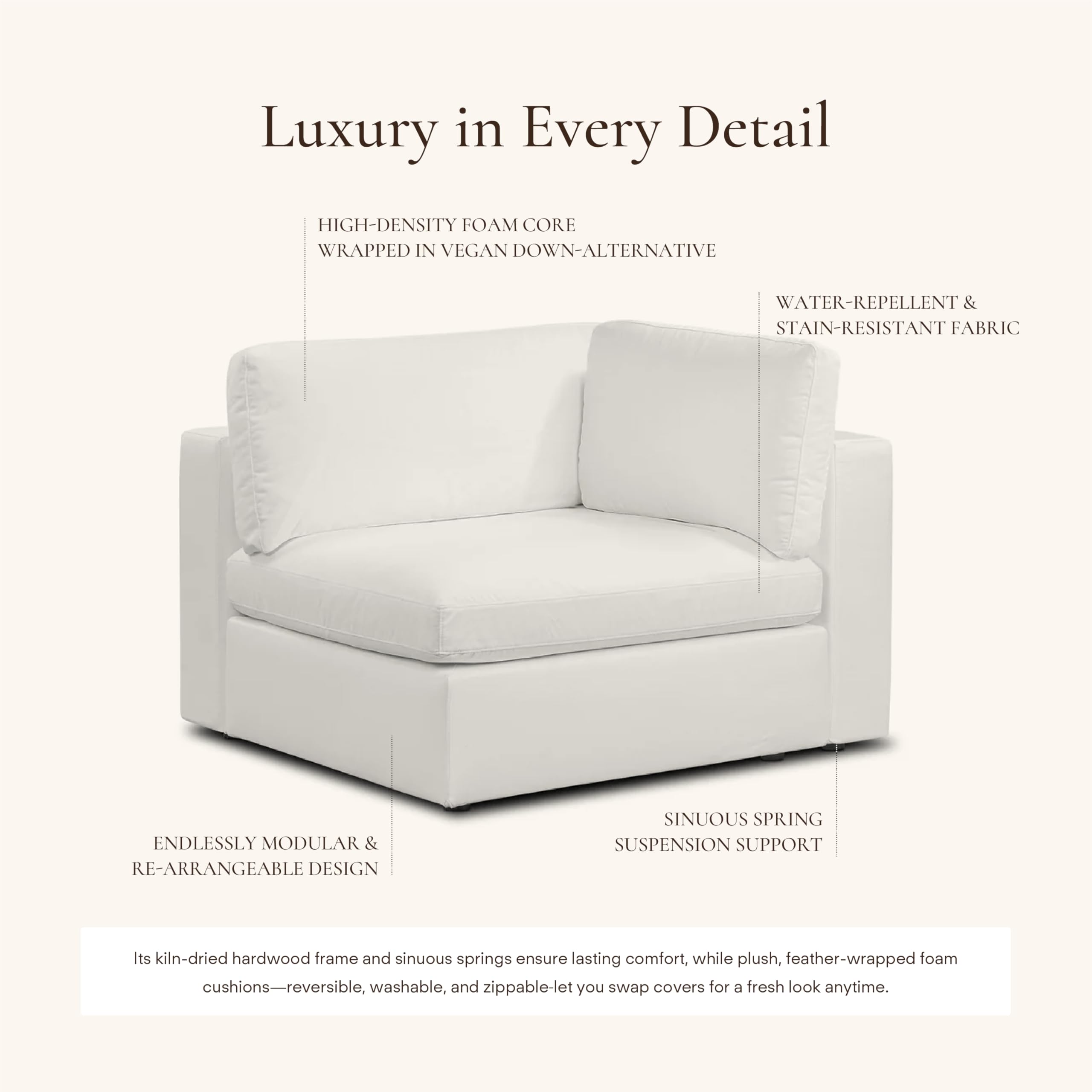 Poly & BARK Vari Modular Right Facing Corner Seat with Arm Cushion in Cotton White Performance Fabric with Water Repellent Washable Covers Plush Comfort for Custom Sectional Sofa Layouts