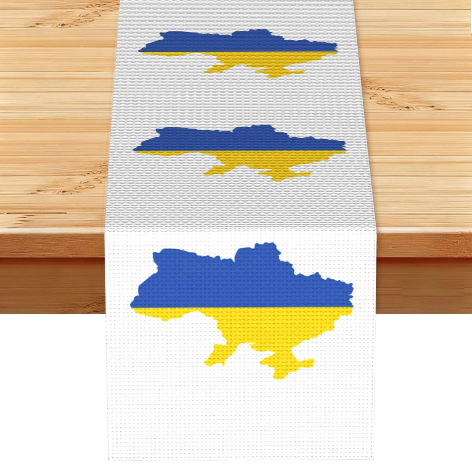 Ukraine Flag Map Printed Table Runner 13 x 72, Wrinkle Resistant Decor for Dining Table Coffee Table Fireplace