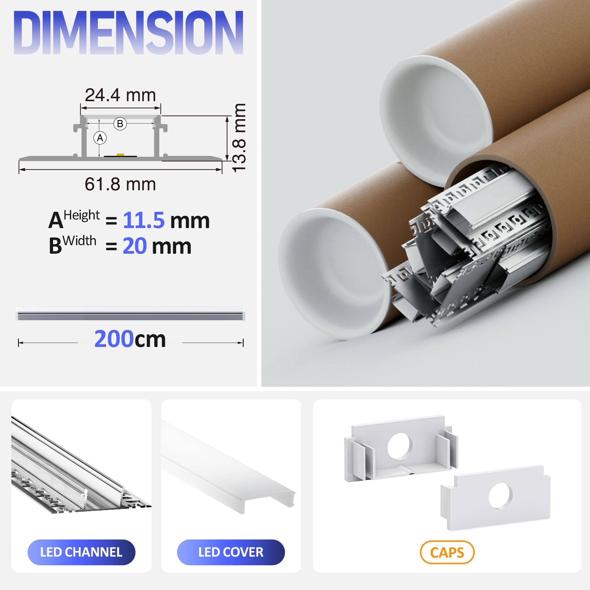 Profilé LED Encastrable 2 m x 10 Pièces (20 m) – Aluminium pour Ruban LED Jusqu’à 20 mm, Rail LED Placo/Plafond, Couvercle Mat, Ailettes 61,8 mm