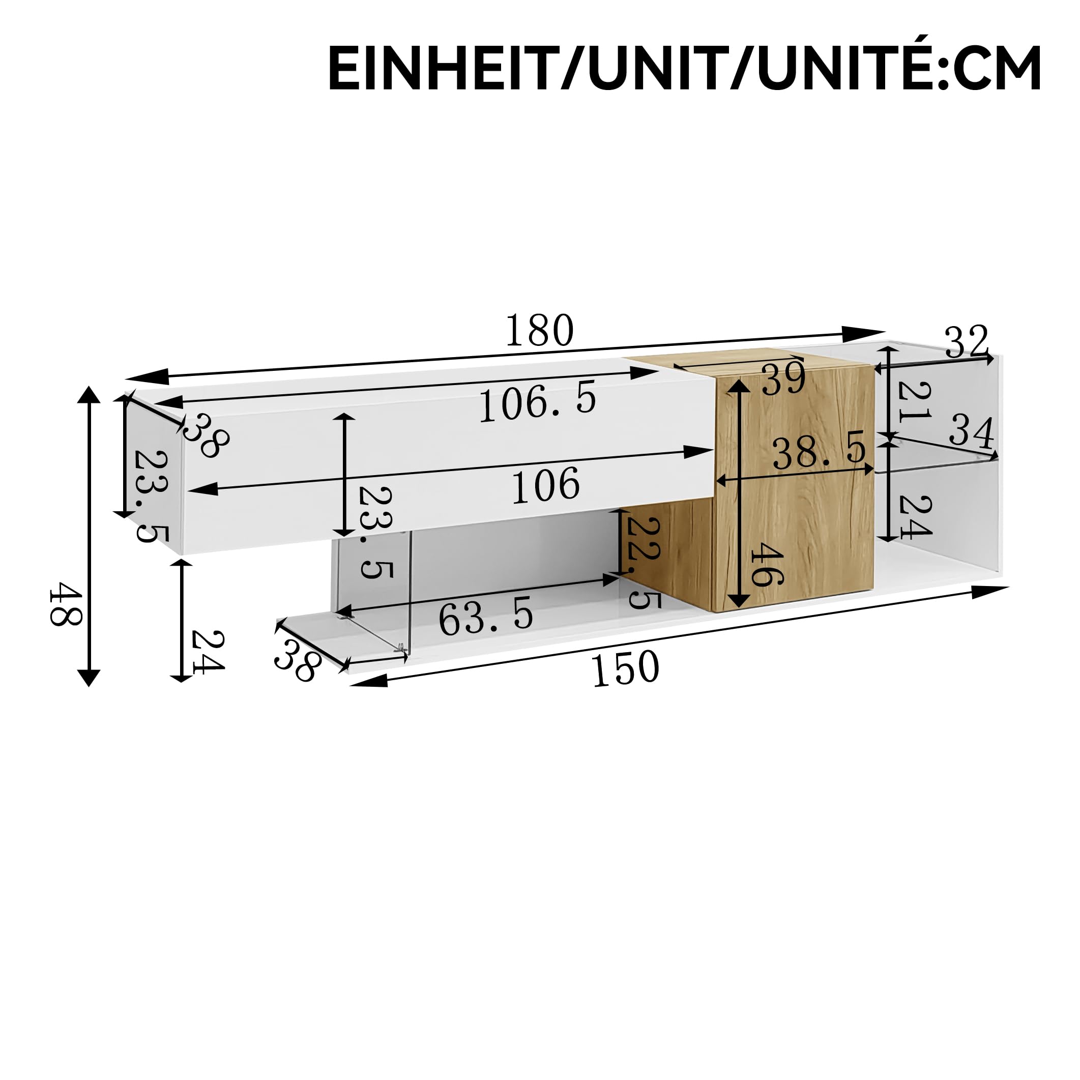 Mobile TV Moderno Bianco Lucido Con Effetto Legno E Ripiani In Vetro, 180 Cm - Per Soggiorno Elegante E Funzionale