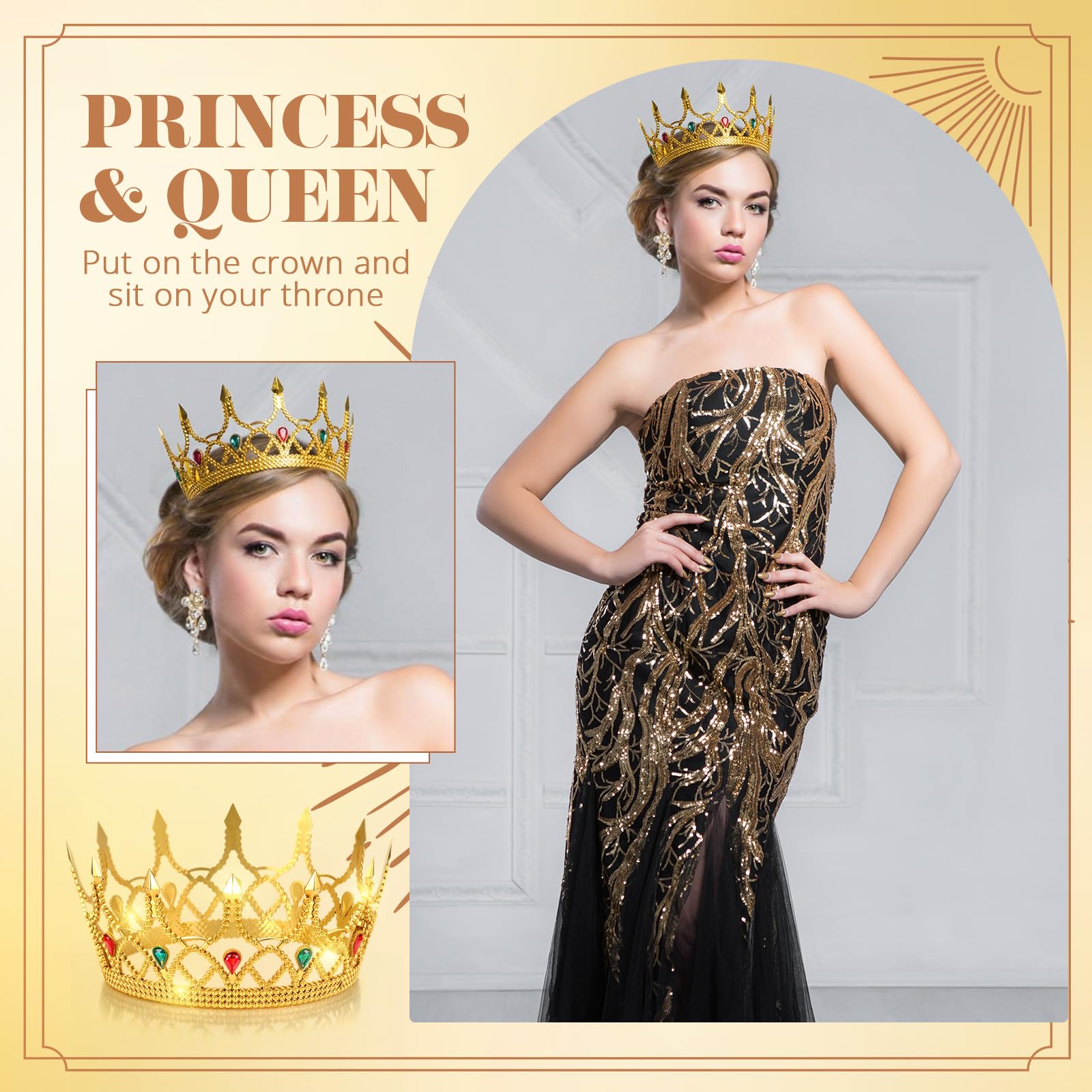 Quelay 36 corone da re in oro regolabile da principe reale gioiello corona medievale per feste di compleanno costume reale cosplay divertimento