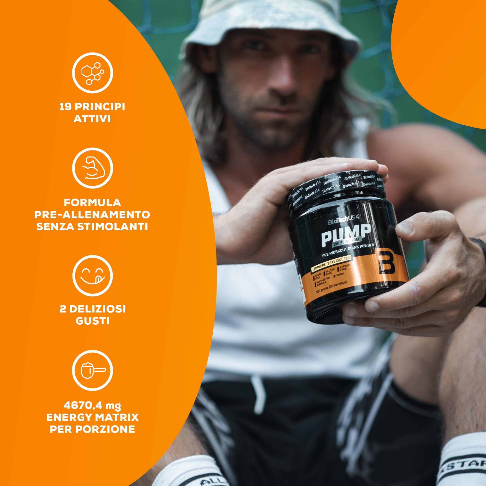 BioTechUSA Pump Caffeine Free | Energia, concentrazione e supporto immunitario | 19 principi attivi | Bevanda in polvere pre-allenamento, 330 g, Té freddo al limone