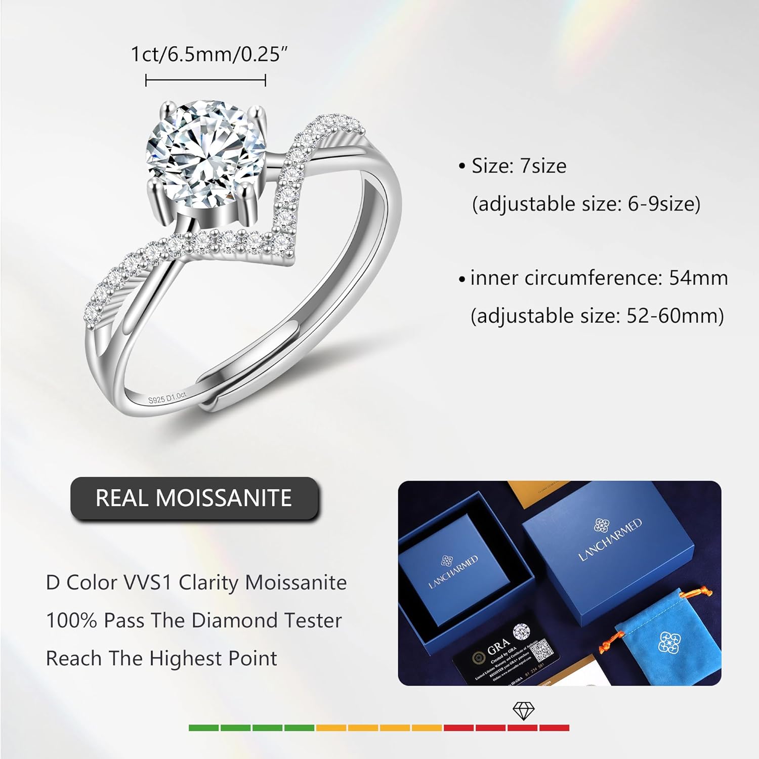 1 Carat Moissanite Rings for Women Sterling Silver Adjustable Engagement Wedding Promise Rings Sterling Silver D Color VVS1 Lab Created Moissanite Ring Jewelry for Women - Image 4