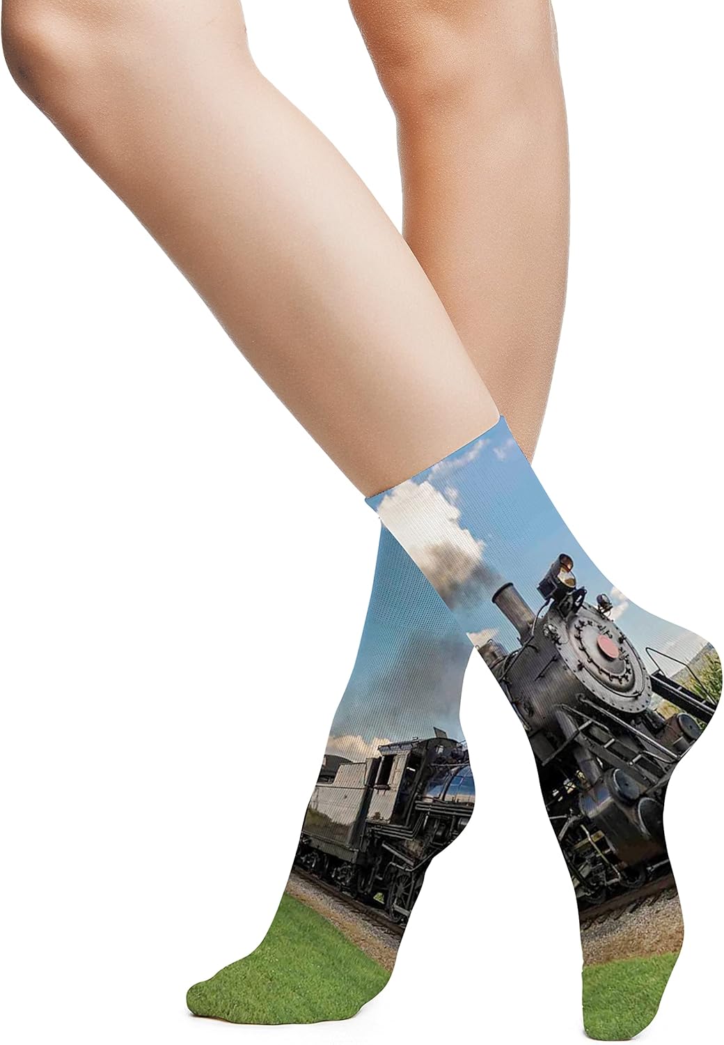 SARNFANS Steam Engine Funny Compression Socks Women and Men,Green Grass