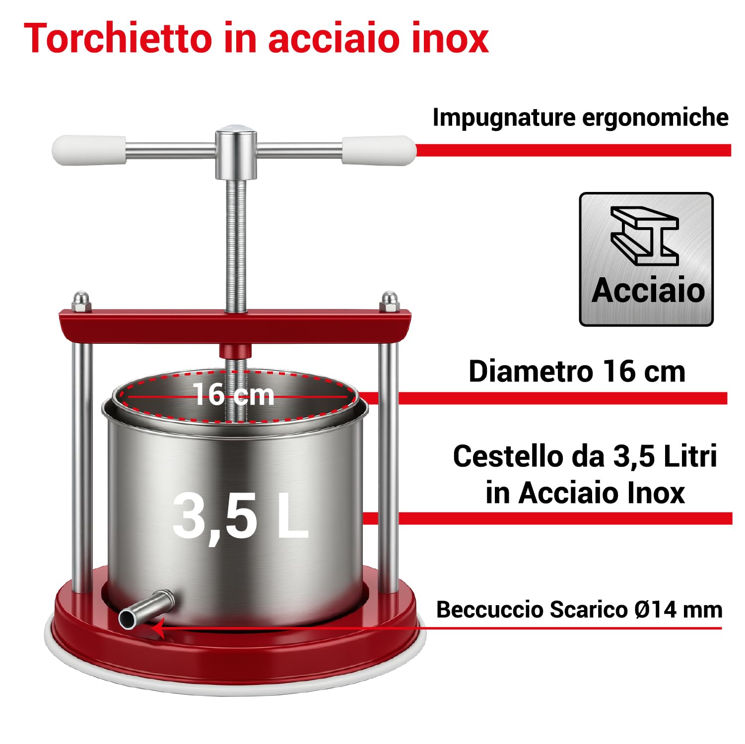 Crisalide® - Torchietto Spremitutto Milleusi Medio, Cestello da 3,5 Litri in Acciaio Inox, Beccuccio Scarico Ø14 mm, Diametro 16 cm