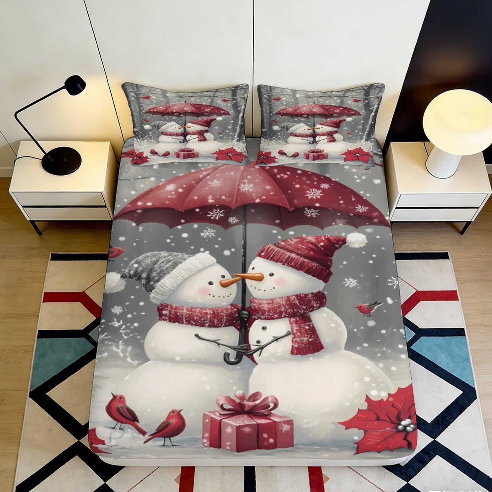 3D Printed Snowman Couple Fitted Sheet Microfiber Soft Breathable Bed Cover for Bedroom Dormitory Guest Room Mattress Protection 160x200x25cm