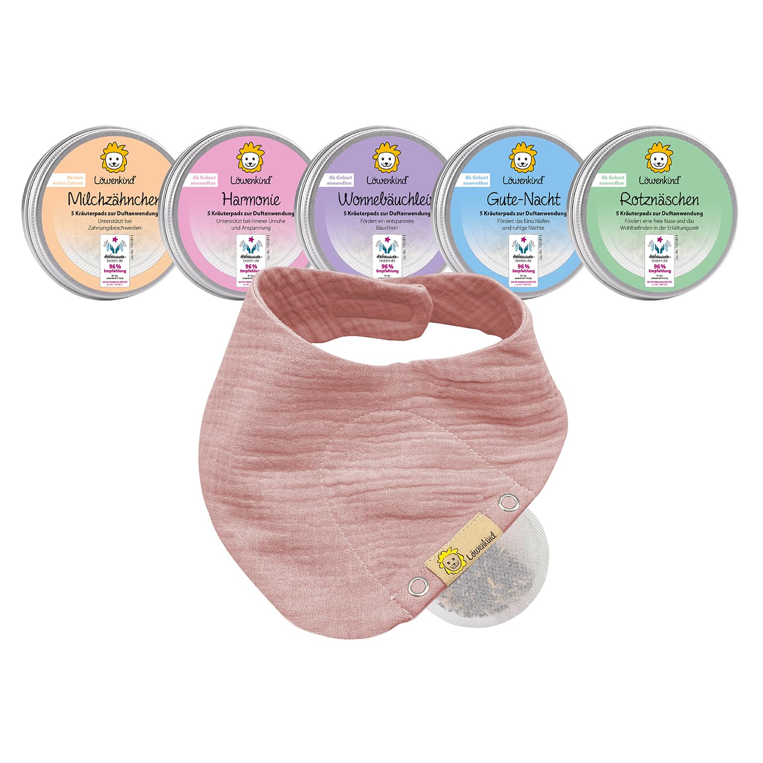 LÖWENKIND Rundum-Sorglos-Special für gängige Kinderwehwehchen | Erkältungszeit, Zahnen, Schlafen, Bauchbeschwerden, Unruhe | 5x5 natürliche Kräuterpads | Musselin-Halstuch aus Bio-Baumwolle (Altrosa)