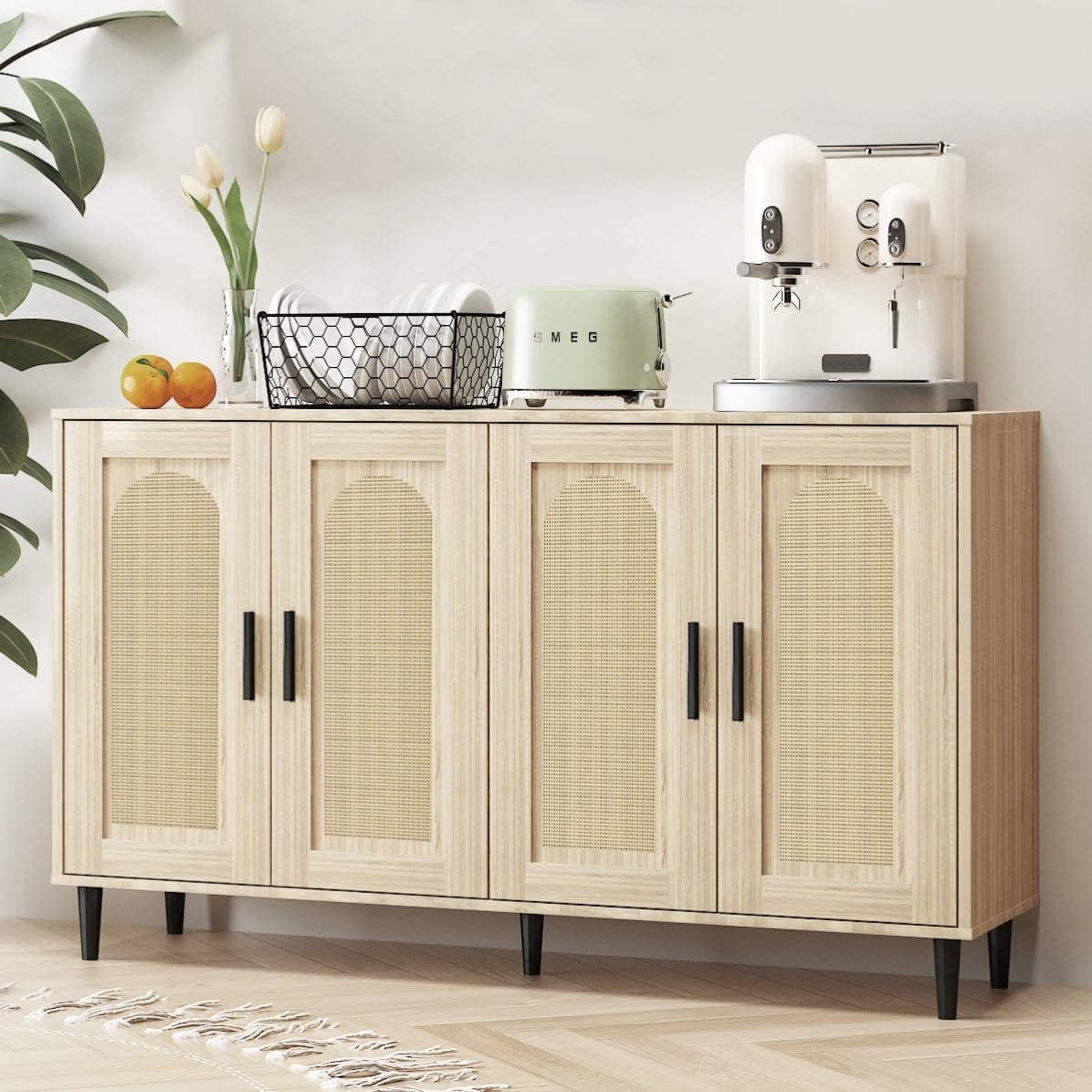 Buffet Cabinet - Sideboard Buffet Cabinet with Storage, Rattan Kitchen Buffet Cabinet with 4 Doors, Accent Cabinet Rattan Sideboard for Dining Room, Kitchen, Hallway, Cupboard Console Table (Natural)