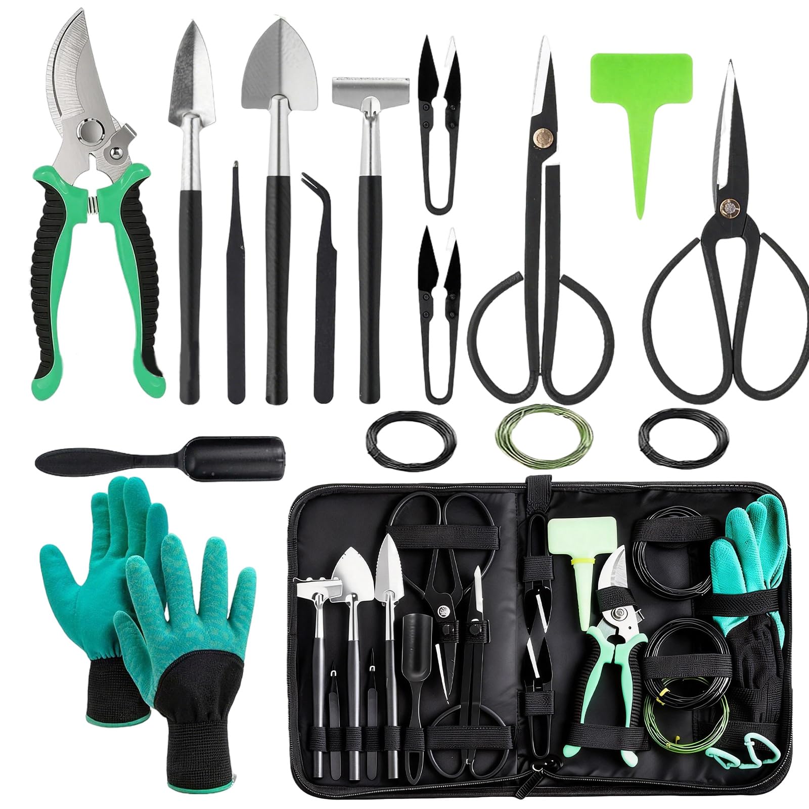 Gartenwerkzeug Set, Bonsai Werkzeug, 24-Teiliges Gartengeräte Set, Bonsai Schere,Bonsai Draht,Pinzette,Gartenhandschuhe, Mini Pflanzen Werkzeug Set, Bonsai Starter Werkzeuge Set für Bonsai Einsteiger