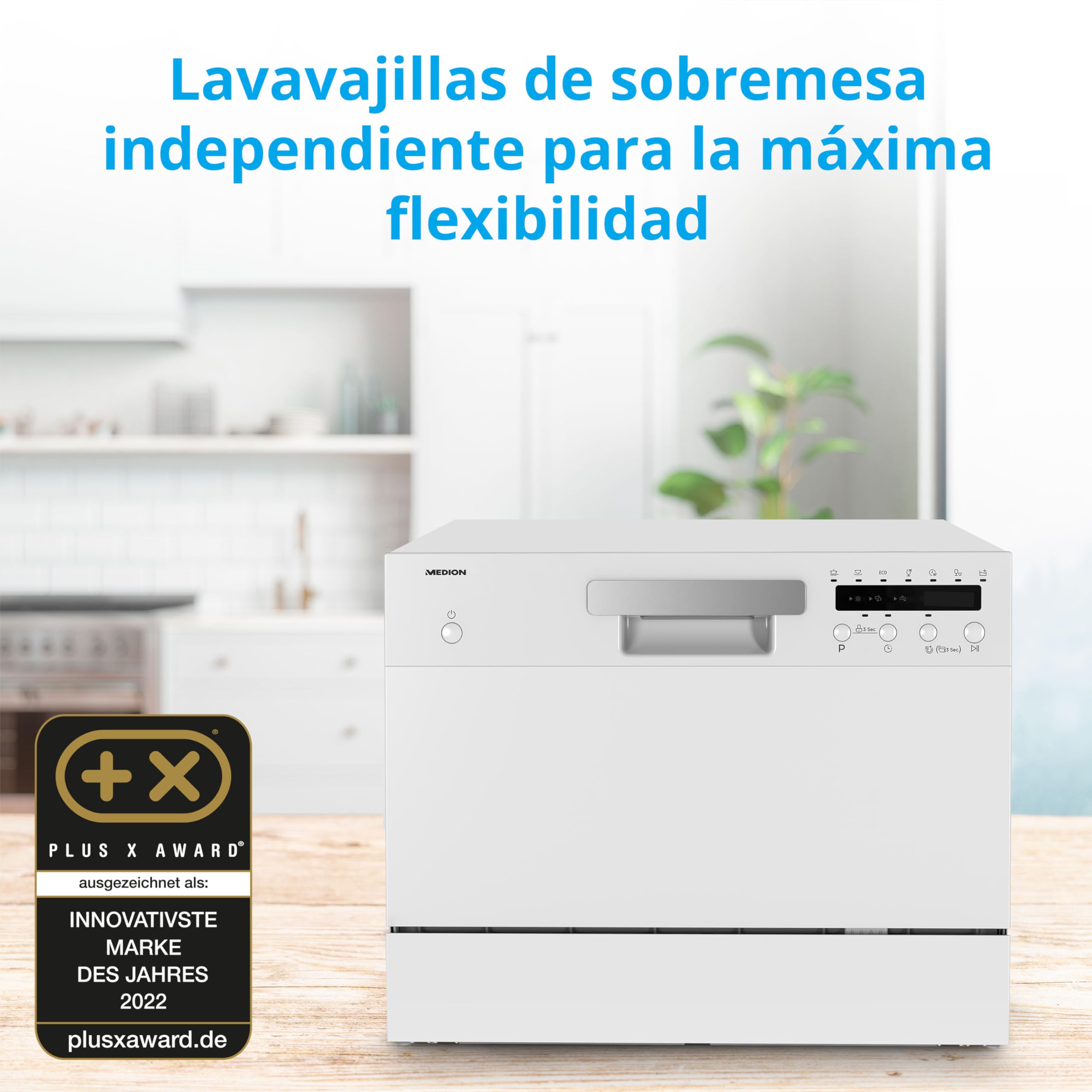 MEDION Lavavajillas de mesa DWT60 (capacidad 6 cubiertos, 7 programas, programa ECO, consumo aprox. 6,5 litros, AquaStop, pantalla LED, bloqueo para niños, MD37496) plata