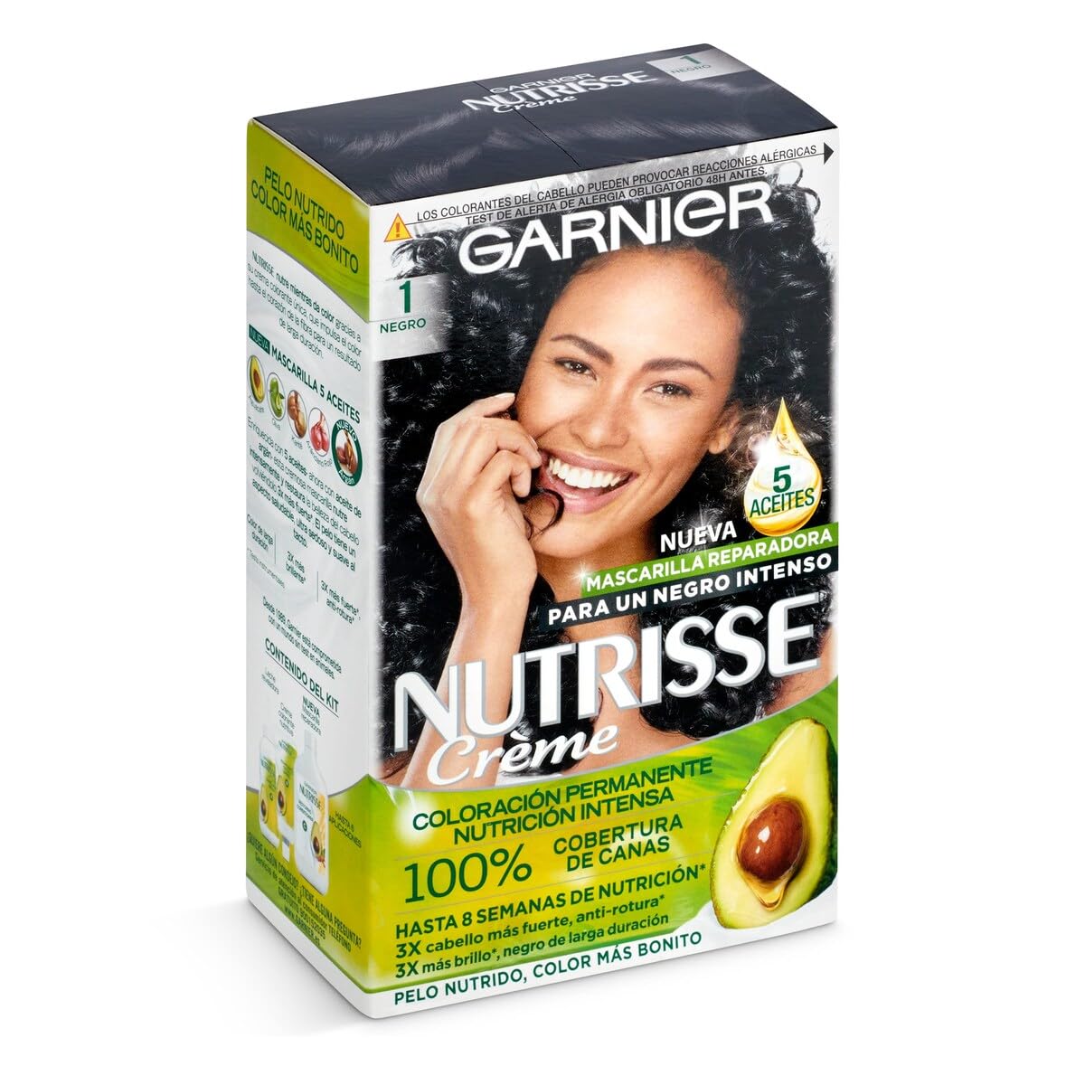 Garnier Nutrisse Creme Coloración Nutritiva Permanente, Tinte 100% Cobertura de Canas con Mascarilla Nutritiva de 4 Aceites - Tono 1 Negro