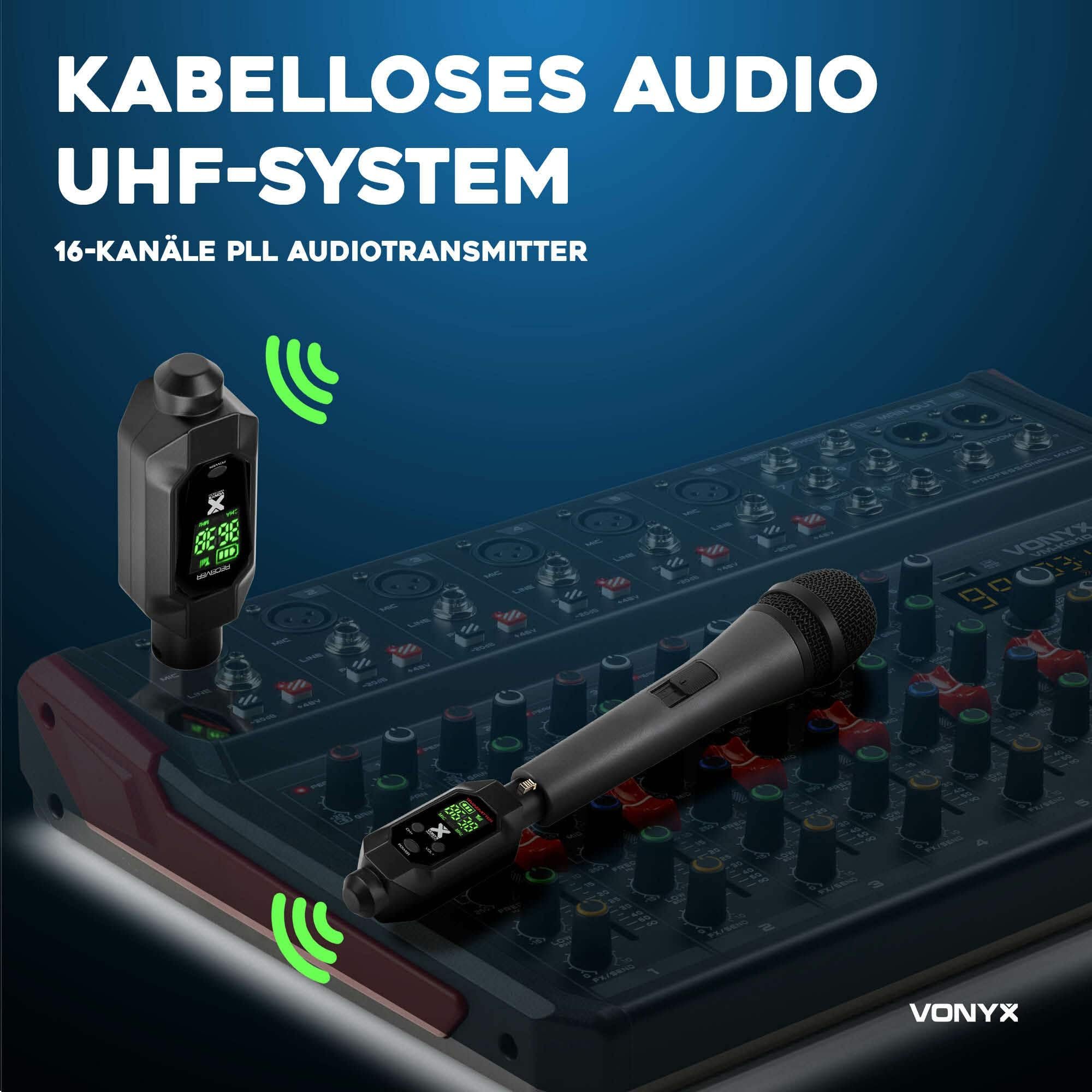 Power Dynamics WAT200 – XLR Funk Sender Empfänger für Mikrofon Kabellos, 70m Reichweite, Wireless Funk Mikro Adapter, 5h Akku, Funkmikrofon Adapter, 16 Kanäle Wireless Mic, Funk Audio Übertragung