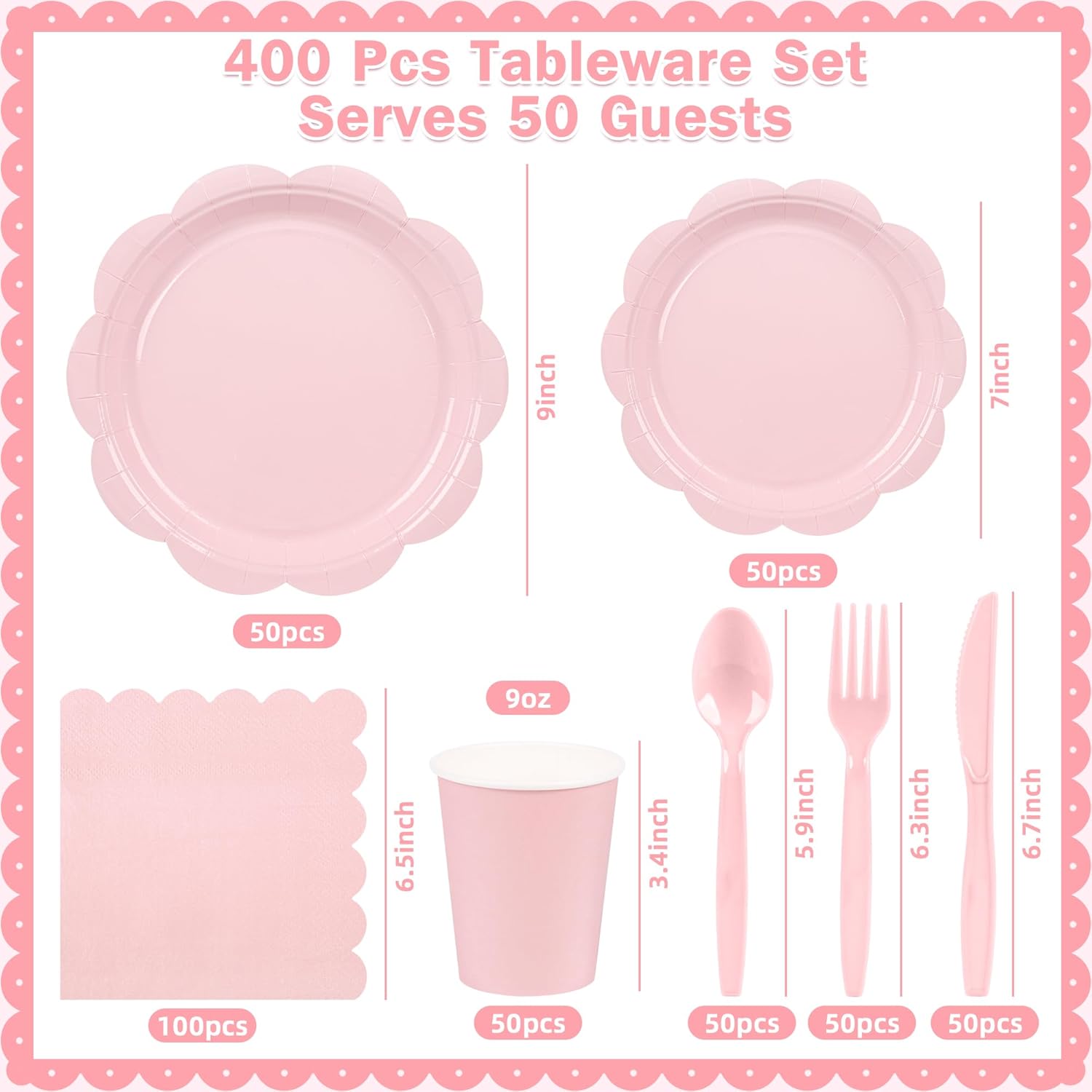 400 Pcs Pink Paper Plates and Napkins Set Party Supplies, Easter Party Tableware set for 50 Guest include Disposable Pink Scalloped Plates Napkins Knives Forks Spoons Cups for Baby Shower Wedding