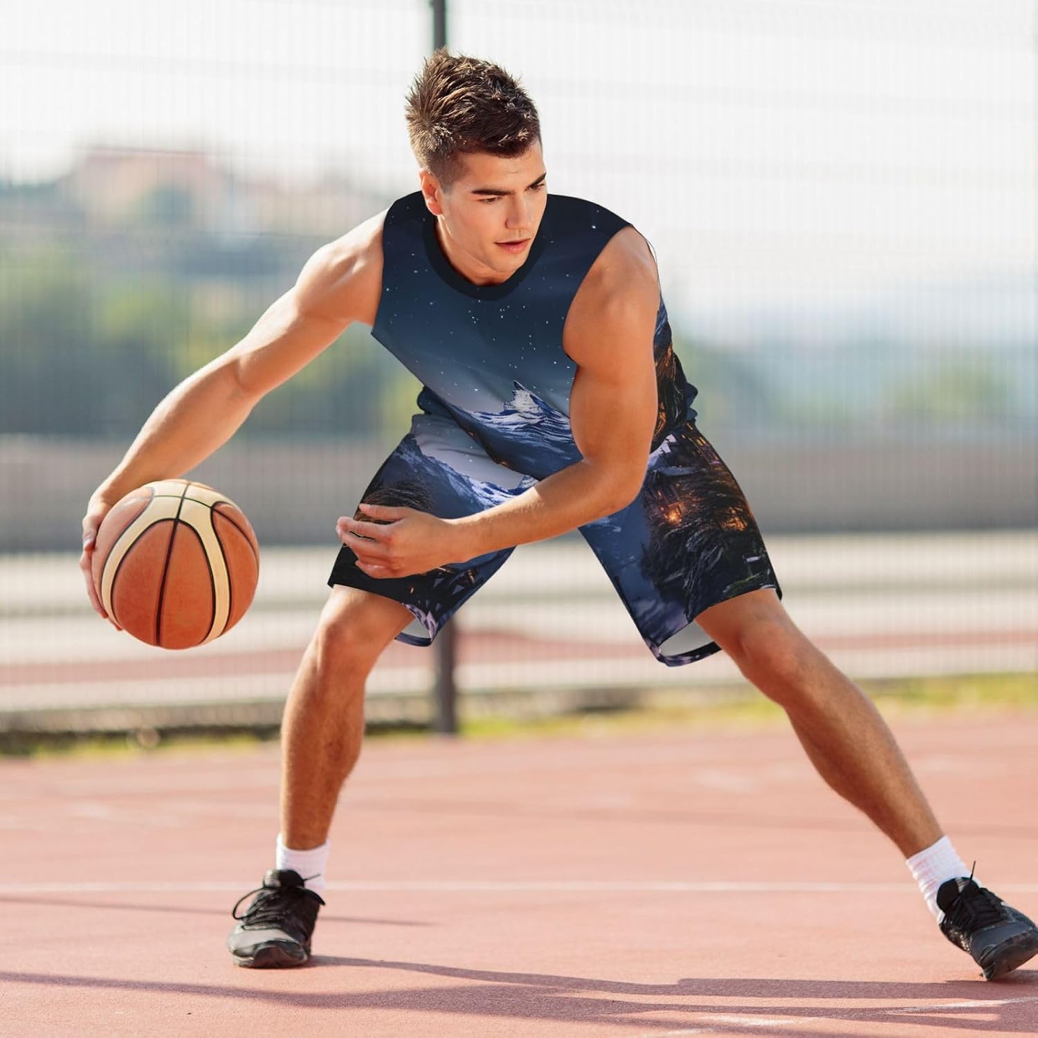 Mens Basketball Jerseys Night View Uniform Suit Mesh Sports Jersey Outfits T-Shirt and Short Sets Black