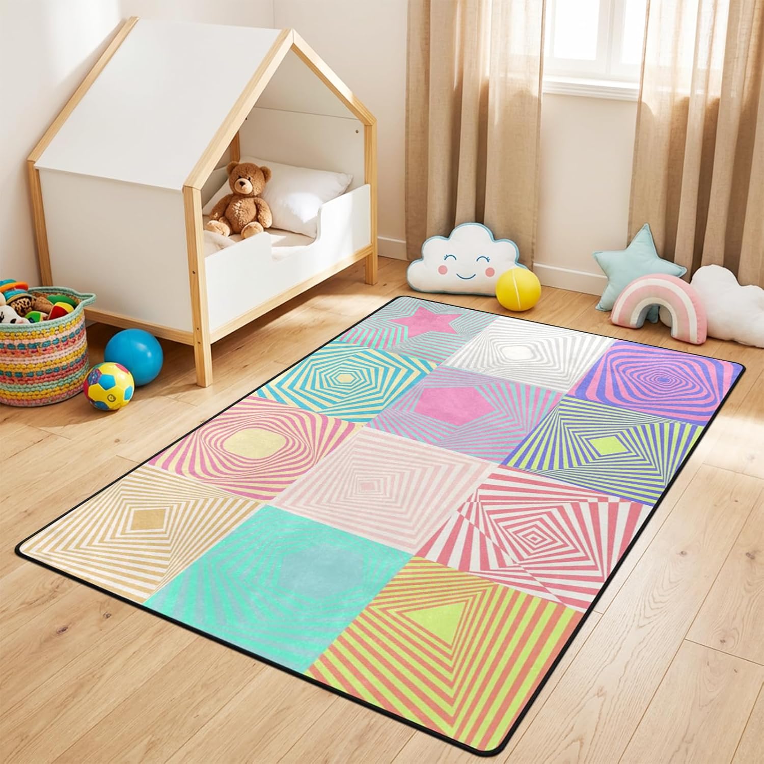 Colorful Kids Rug,Classroom Carpets Playmat Rugs - 5x7 Ft Optical Illusion Geometric Rug Non-Slip Play Mat Ultra Soft Kids Rugs for Children Bedroom Playroom Classroom Decor