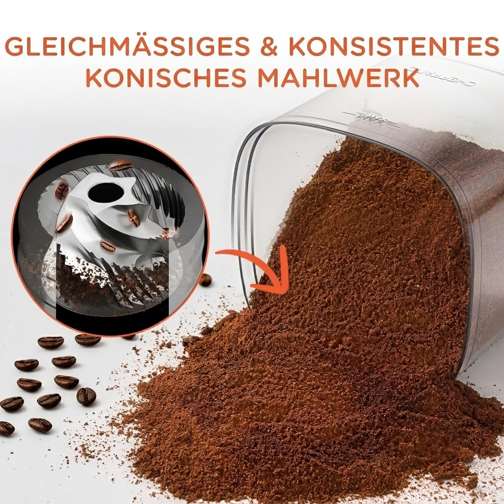 CHEFFANO Elektrische Kaffeemühle mit Kegelmahlwerk, 150W Kaffeebohnenmühle mit 30 Mahlgraden, Kaffeemühle elektrisch für 2-12 Tassen, Einstellbare Kaffeemenge & Abnehmbarer Bohnenbehälter