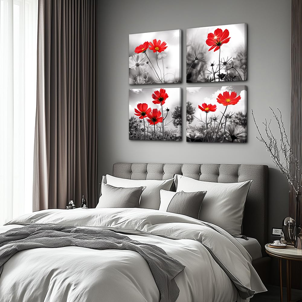 hyidecorart Canvas Wall Art Contemporary Simple Life Red Flowers Floral Painting for Home Bedroom Decor - 4 Panels Modern Artwork Prints HD Pictures for Living Room Bathroom Decor 12"x12"Inch 1