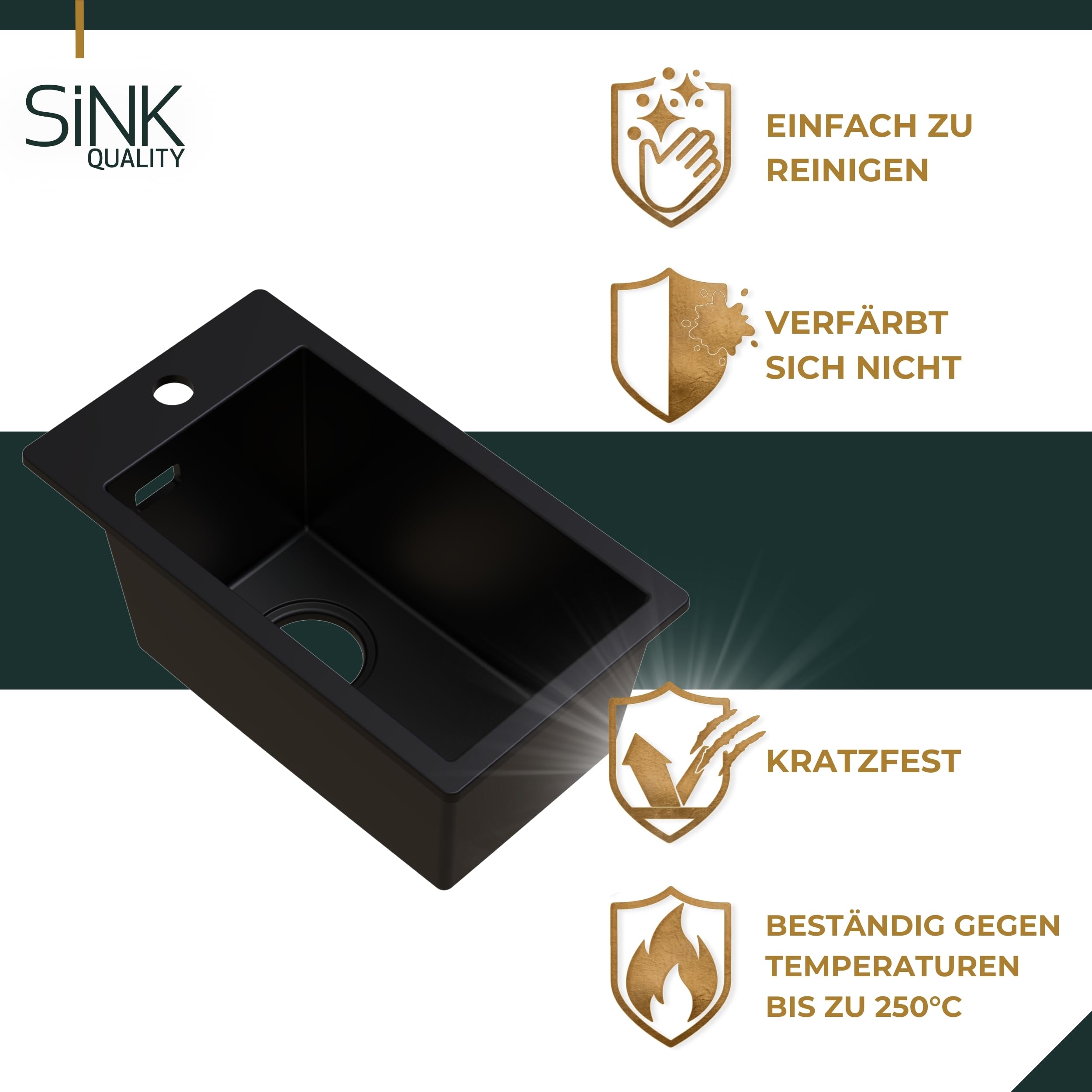 Sink Quality zlewozmywak kuchenny, mały, czarny, 28 x 50 cm, wąski, z syfonem i środkiem impregnującym, mały zlewozmywak granitowy do szafek od 40 cm, zlewozmywak do zabudowy z granitu