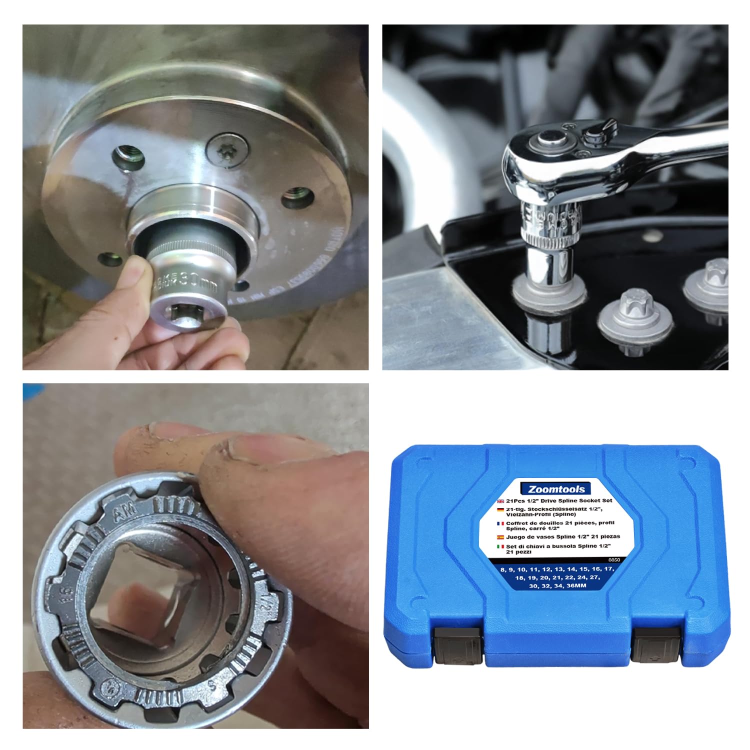 Set di 21 chiavi a bussola scanalate, attacco da 1/2" metrico 8-36 mm, kit di chiavi a bussola a 12 punti Cr-V multi-dente