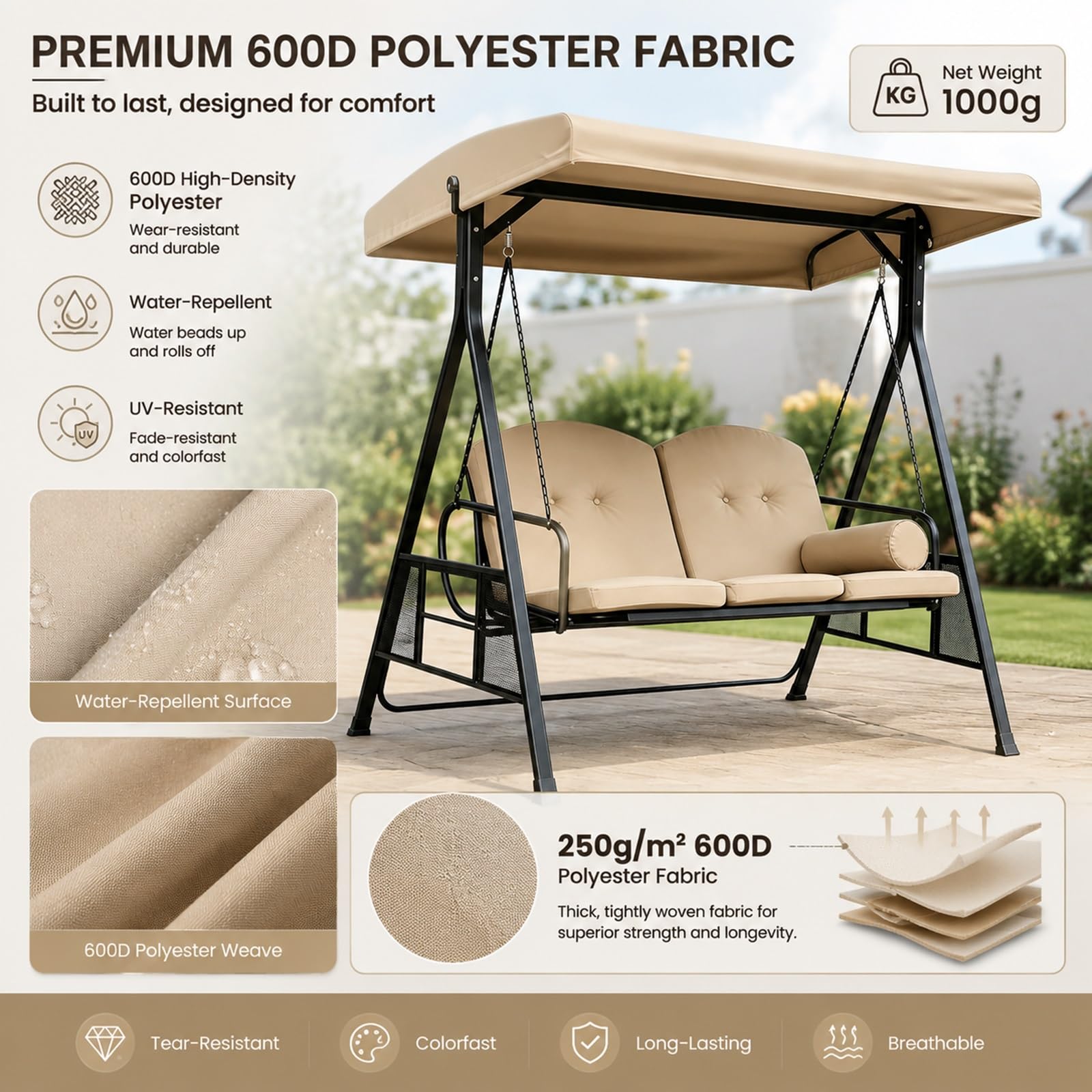 Copertura di Ricambio per Dondolo 2 Posti da Giardino Impermeabile | Tessuto poliestere 600D 250g/m², resistente agli strappi, protezione solare, facile da pulire(Green)