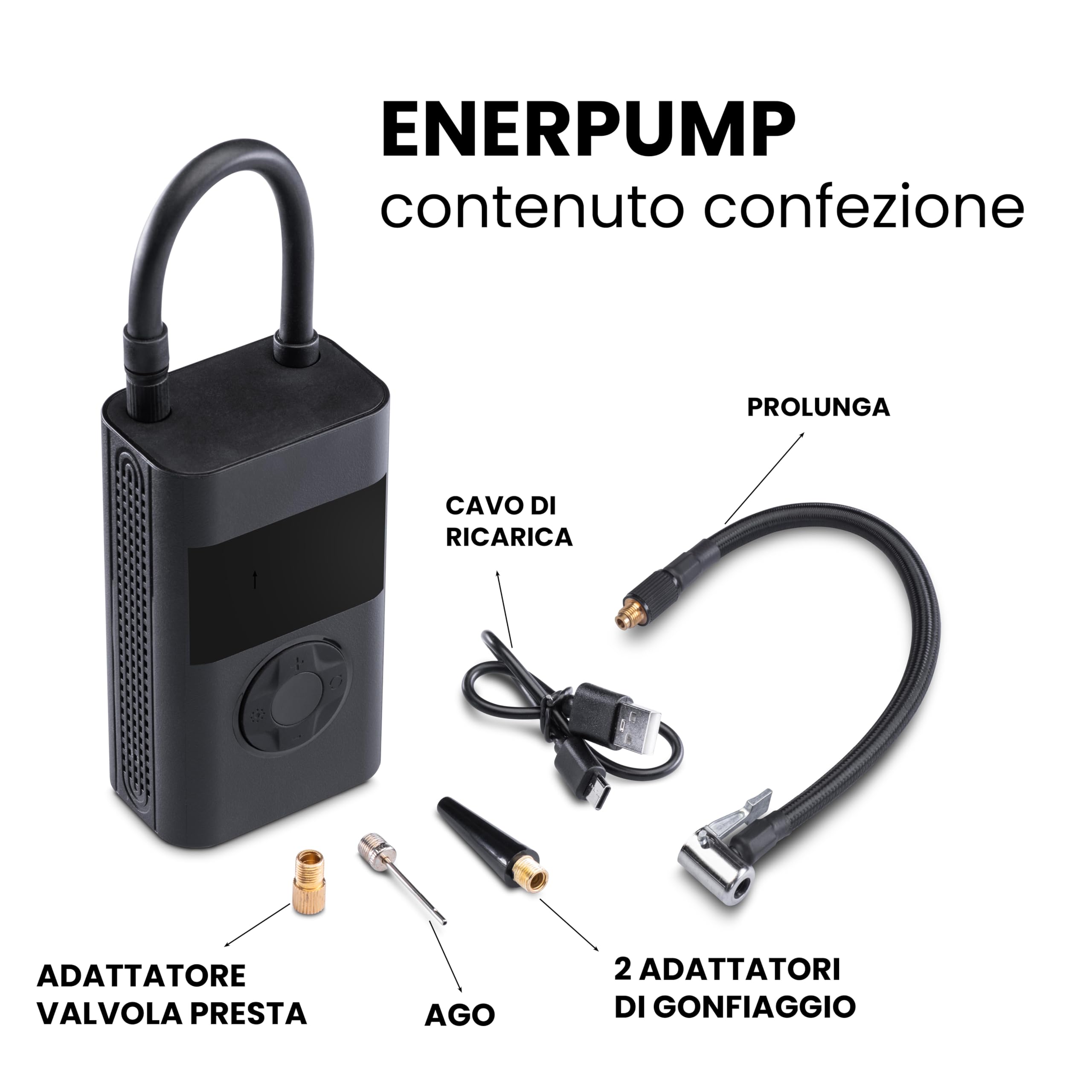 Midland - ENERPUMP | Compressore d'aria portatile 150 PSI/10 Bar, Batteria 4000 mAh+Batteria esterna, Gonfiaggio rapido Moto, Bicicletta, Auto, Palloncini, Materasso