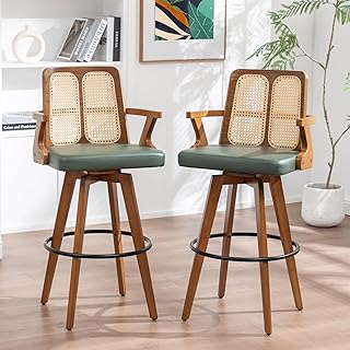 Bar Stools Set of 2-30 inch Swivel Rattan bar Stools with Cane Back, Cur...