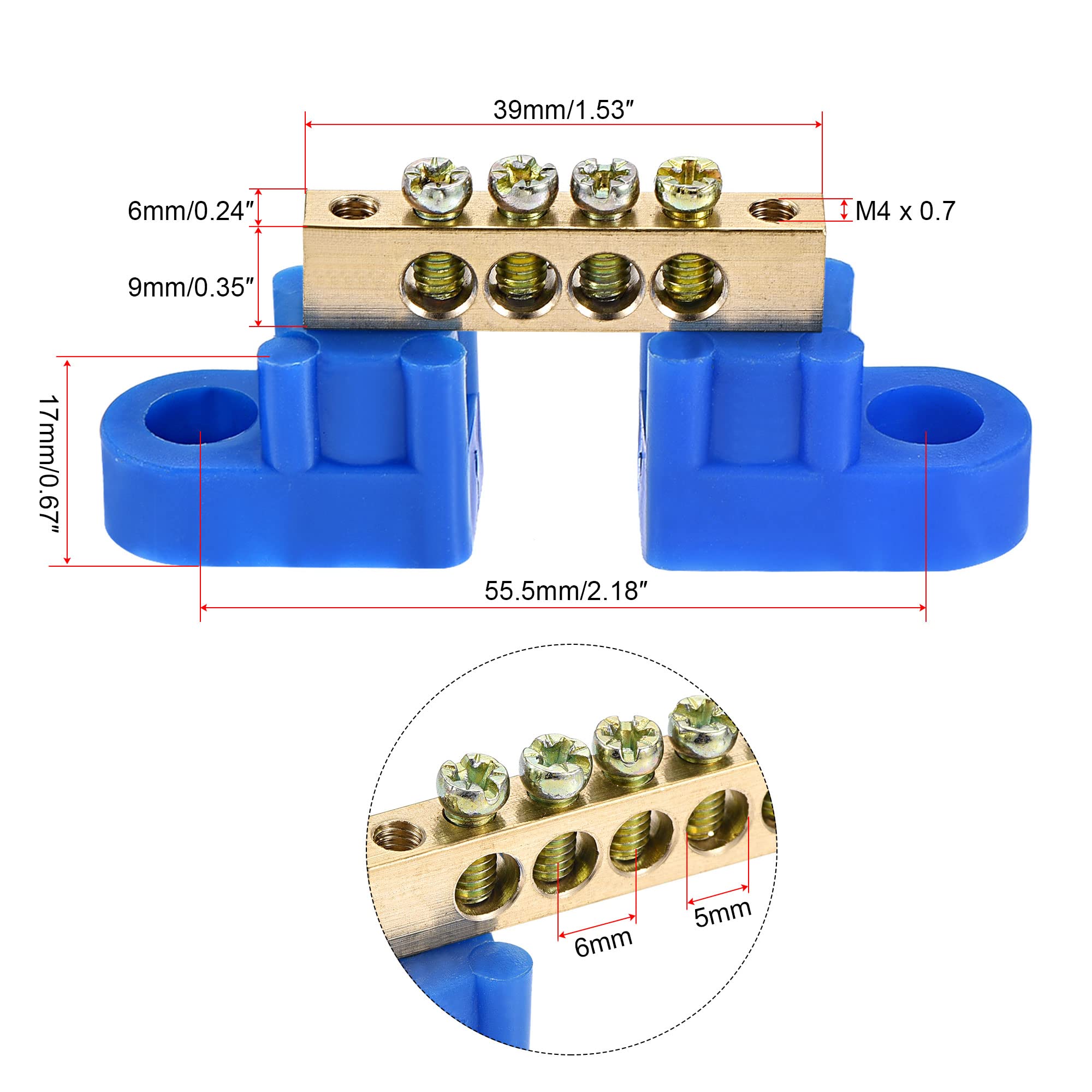 MECCANIXITY Terminal Ground Bar Screw Block Barrier Brass 4 Positions Blue for Electrical Distribution