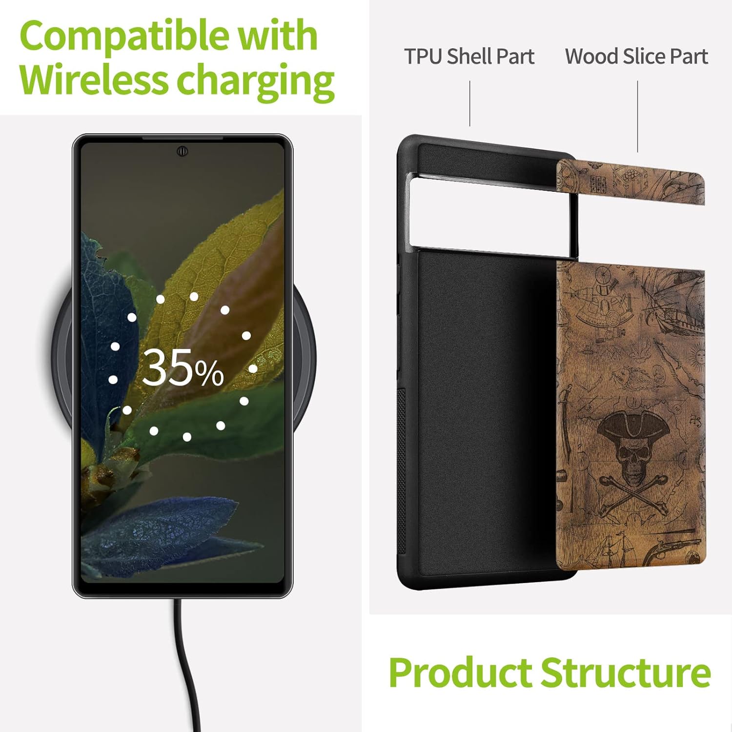 Carveit Wood Case for Pixel 7a Case [Natural Wood & Black Soft TPU] Shockproof Protective Unique & Classy Wooden Phone Cover Compatible with Google Pixel 7a (Pirate Flag-Walnut)