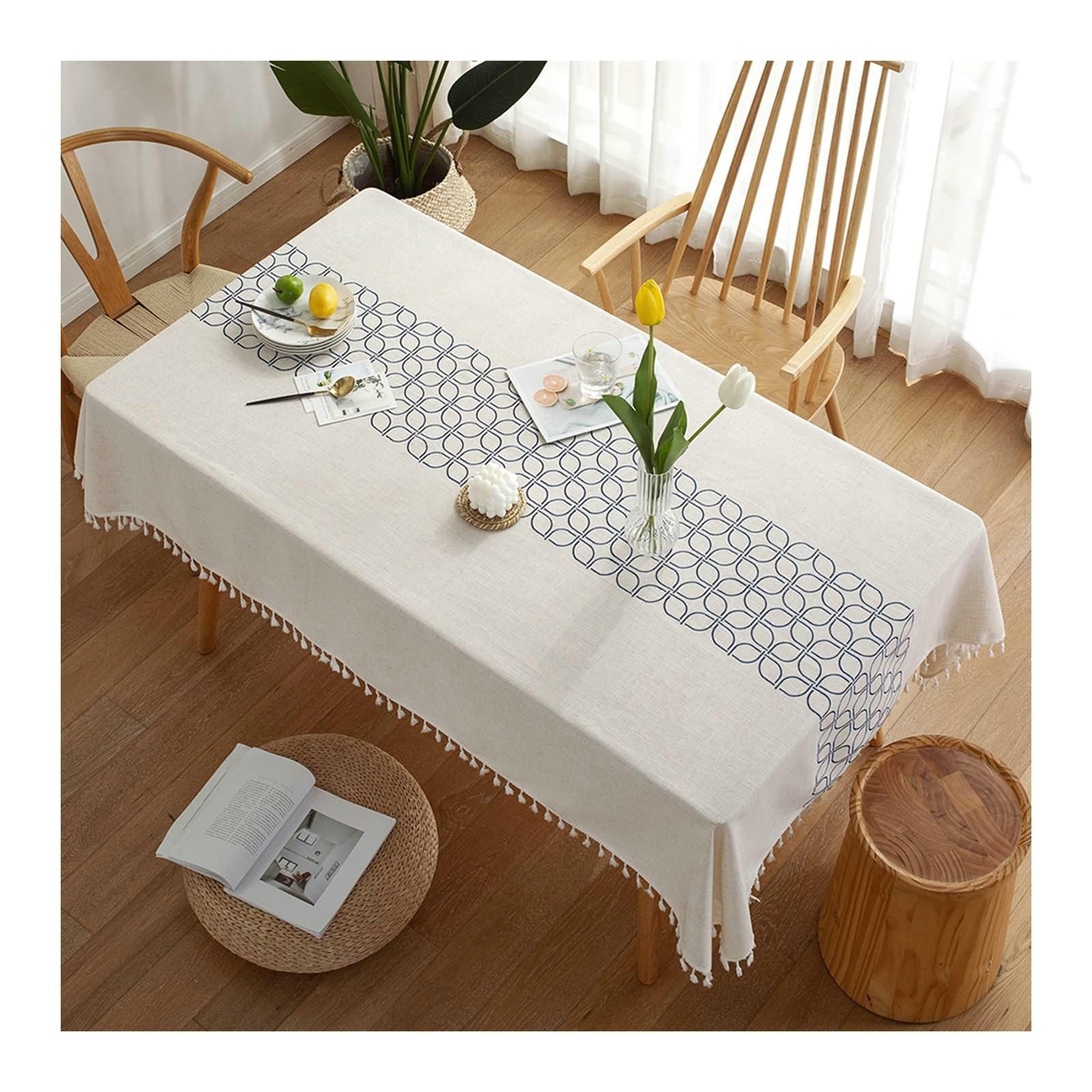 Gualiy Manteles Poliester de Mesa Comedor, Mantel de Mesa de Cocina 140x200CM Manteles Mesa Antimanchas Patrón Geométrico con Borlas Mantel para Mesa de Salon, Azul