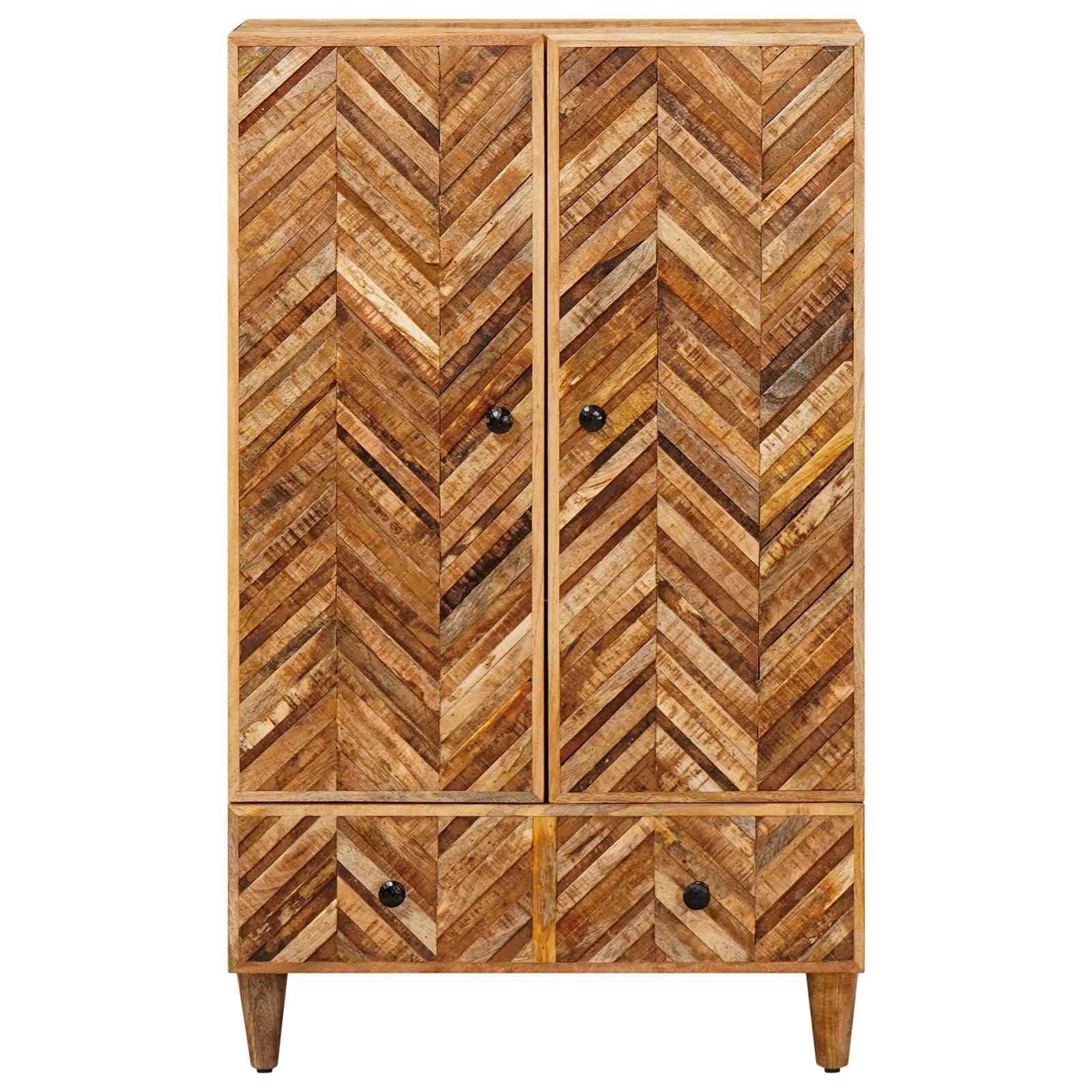 Highboard Braun 60 x 33,5 x 100 cm Armario multimedia de madera maciza de mango – Armario de almacenamiento flexible con 2 puertas y botones de latón, diseño moderno para el salón