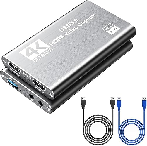 4K HDMI Video Capture Card USB3.0 1080P 60FPS Video Recorder Capture Card for Streaming Gaming and Broadcasting Support Switch PS4 PS5 PS3 Xbox Wii U Webcam with Windows Mac Linux YouTube OBS (Grey) - Grey