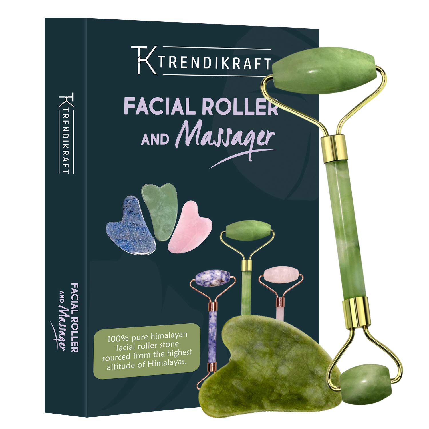 TRENDIKRAFT JTZM-5 Jade Roller and Gua Sha Double Sided Manual Facial Massager Natural Stone Massage Beauty Tool for Face Neck Toning, Firming Serum Application (Green)