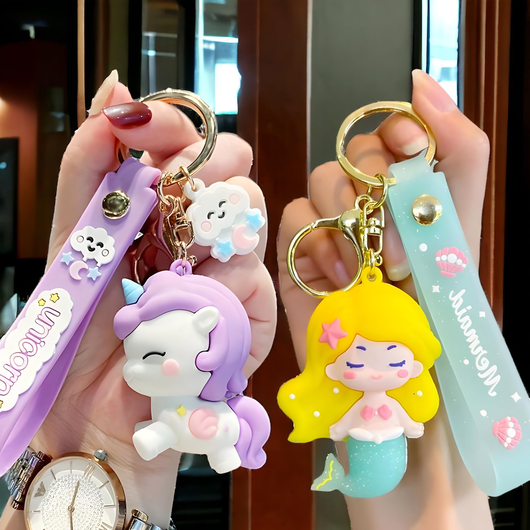 WISHKEY Mermaid and Unicorn-Themed Keychain with Sticky Hooks, Accessories Keyrings with Hand Strap for Bag Pack, Purse, Cute Silicone Keyrings for Kids and Adults, (Pack of 2, Assorted)