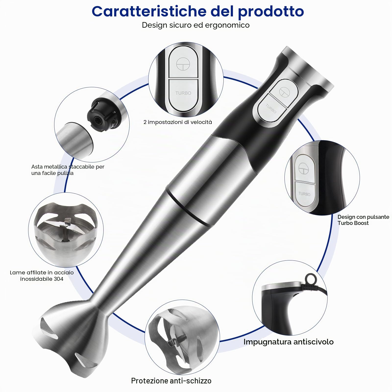 Frullatore a Immersione 1200W 6 in 1 Frullatore Tritatutto Multifunzionale con Acciao Inossidabile 304 Multifunzione Mixer Immersione con Turbo Presa Antiscivolo Velocità Regolabile
