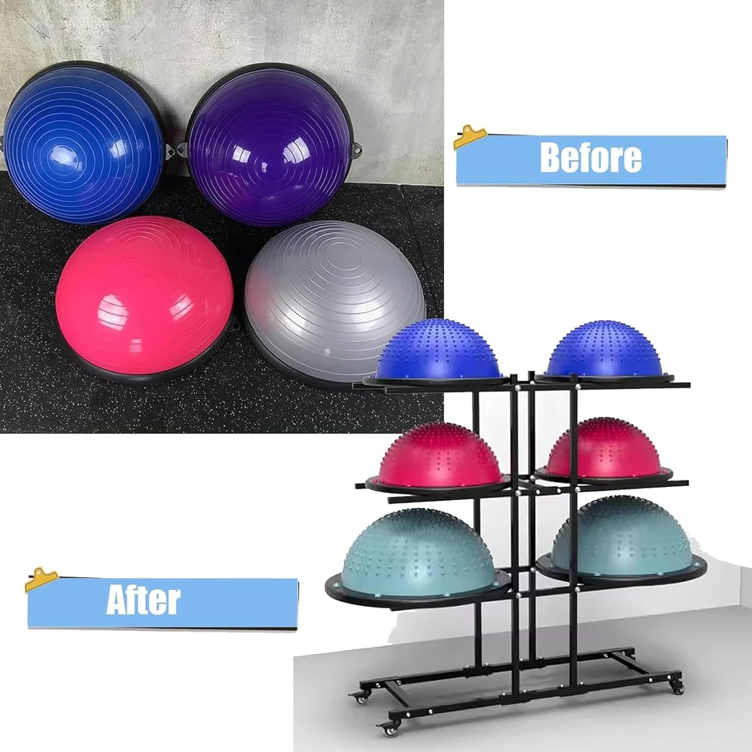 Floorstanding Half Ball Balance Trainer Holder Rack, Rolling Large Capacity Stability Half Ball Storage Organizer Cart on Wheels, Metal Exercise Ball Display Stand~/