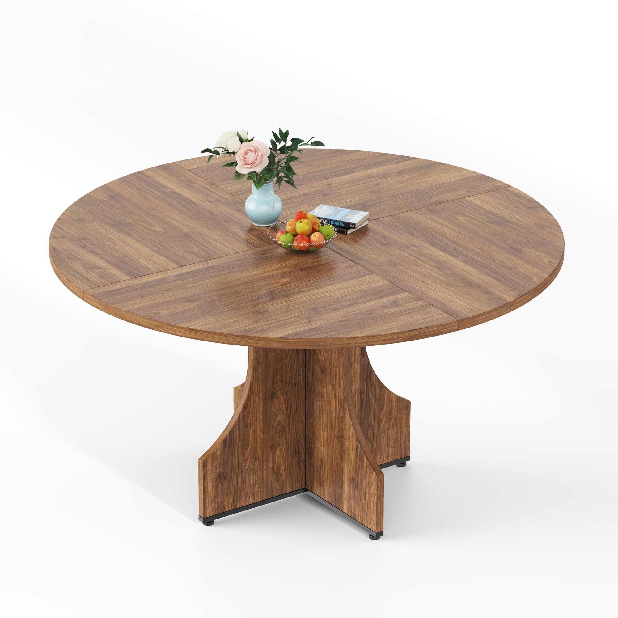 Garvee Mesa de Comedor Redonda de 120 cm para 4-6 Personas, Mesa de Cocina Moderna de Estilo rústico con Estante Inferior, Patas Regulables en Altura, fácil Montaje, Color Nogal