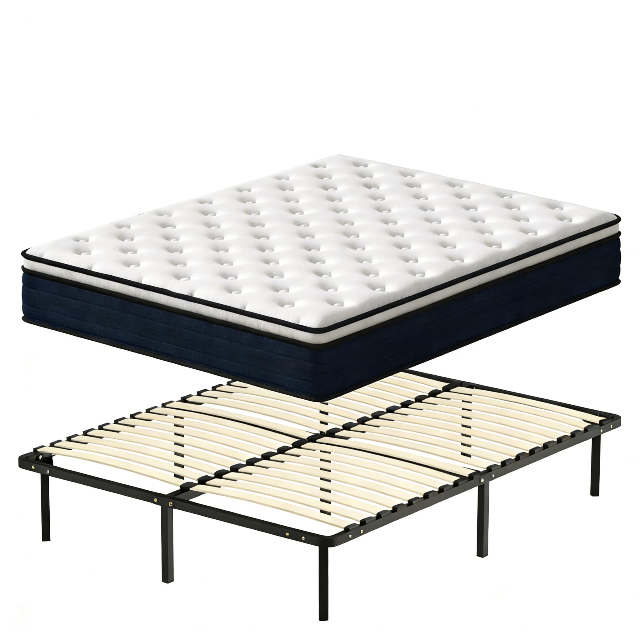 DEWINNER Matelas Ressorts Ensachés et Sommier 140x190 Ensemble | Matelas À Mémoire de Forme et Ressorts+Sommiers À Lattes avec 9 Pieds pour Adulte | 2x16 Lattes (140x190x25 cm)