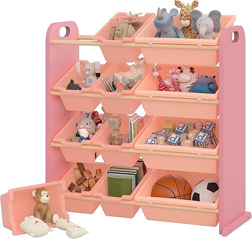 Miniatura 14 de VECELO Estantería para niños con 12 contenedores, estante de madera para juguetes para niños pequeños, almacenamiento de gran capacidad para libros