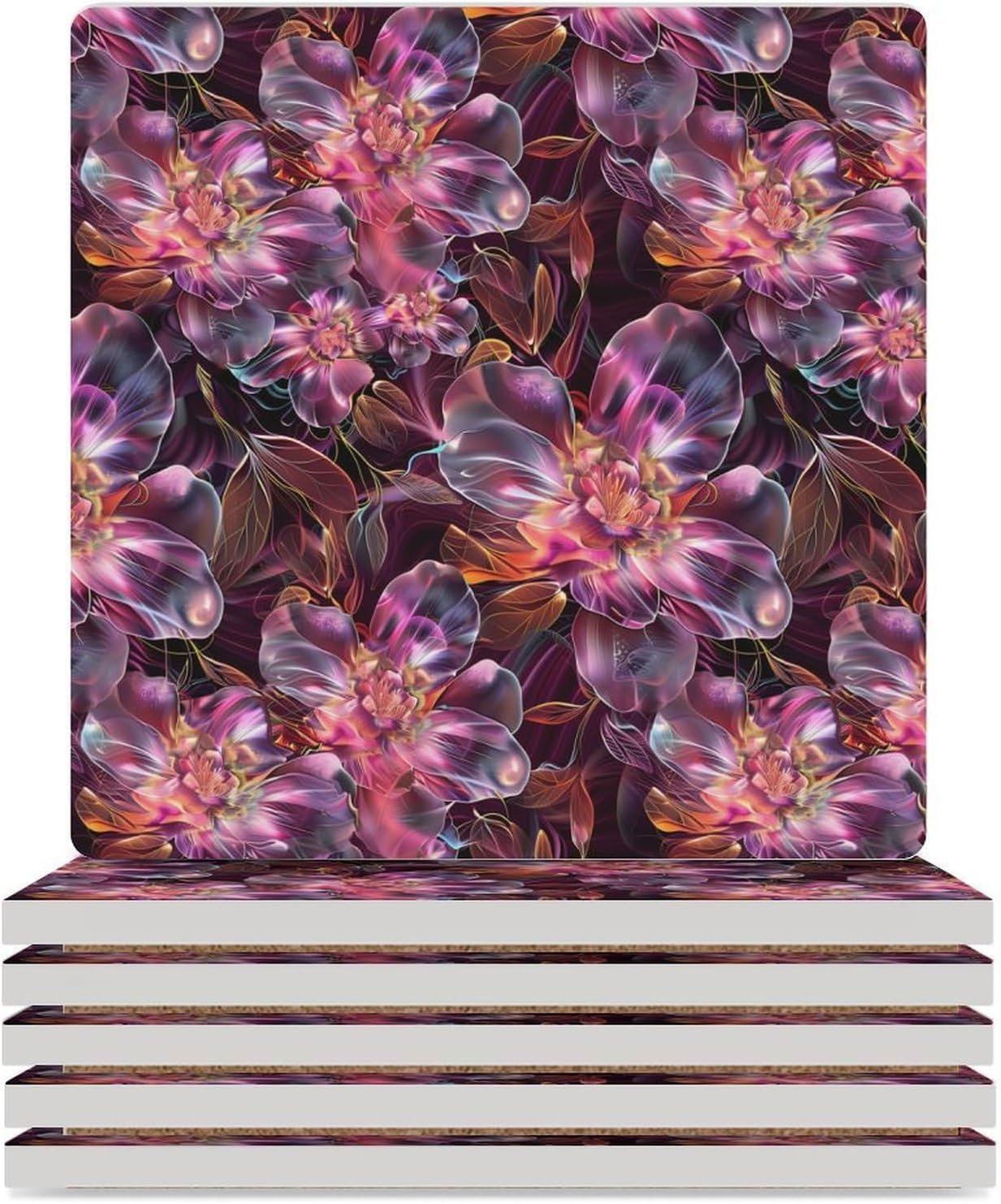 Psychedelic Trippy Purple Flowers Coaster for Drinks Square Ceramic Table Coasters Stone Mat Crafts 6PCS Home Kitchen Decor