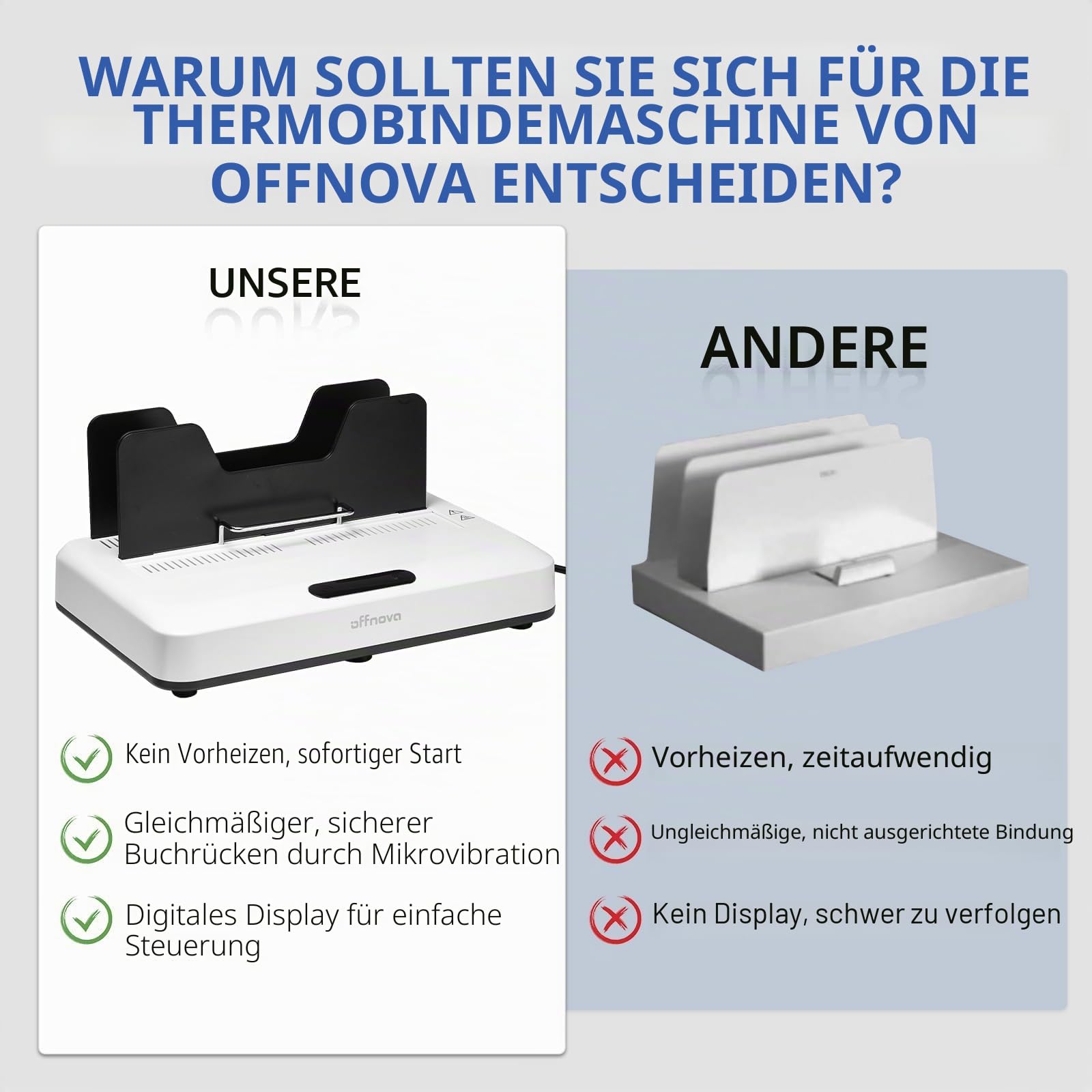 OFFNOVA Thermobindemaschine 500 Blatt, kein Vorheizen, Luftkühlung, 3 Zeiteinstellungen, A3/A4/A5/Letter kompatibel, inkl.10 Bindedeckeln für Büro & Homeschooling