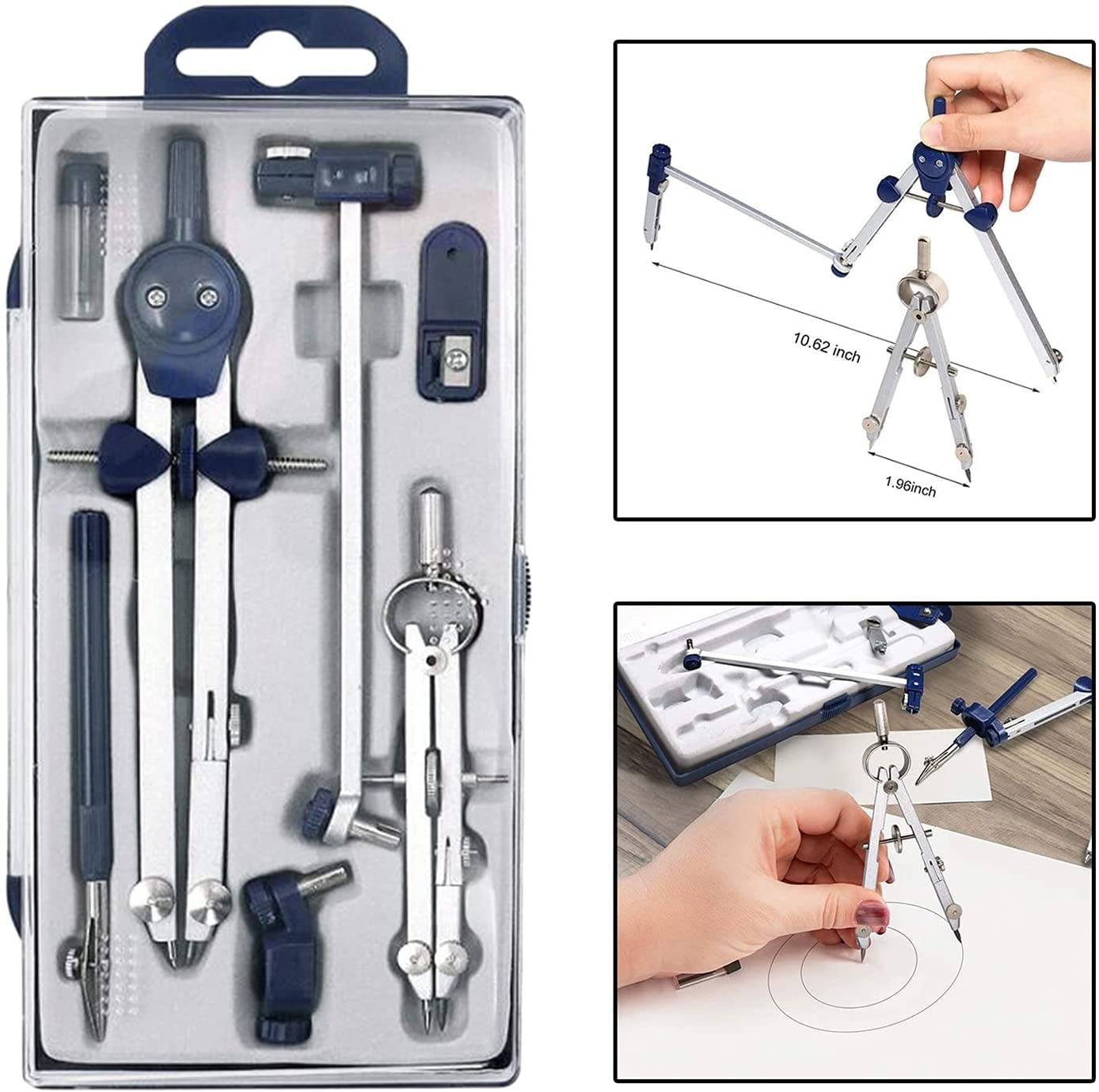 AKAZI Geometrie-Set aus Edelstahl, multifunktional, Zeichenkompass, Mathematik, Geometrie, 7 Teile/Set, Kreise, Werkzeug, langlebig, Schreibwaren, Kompass-Set