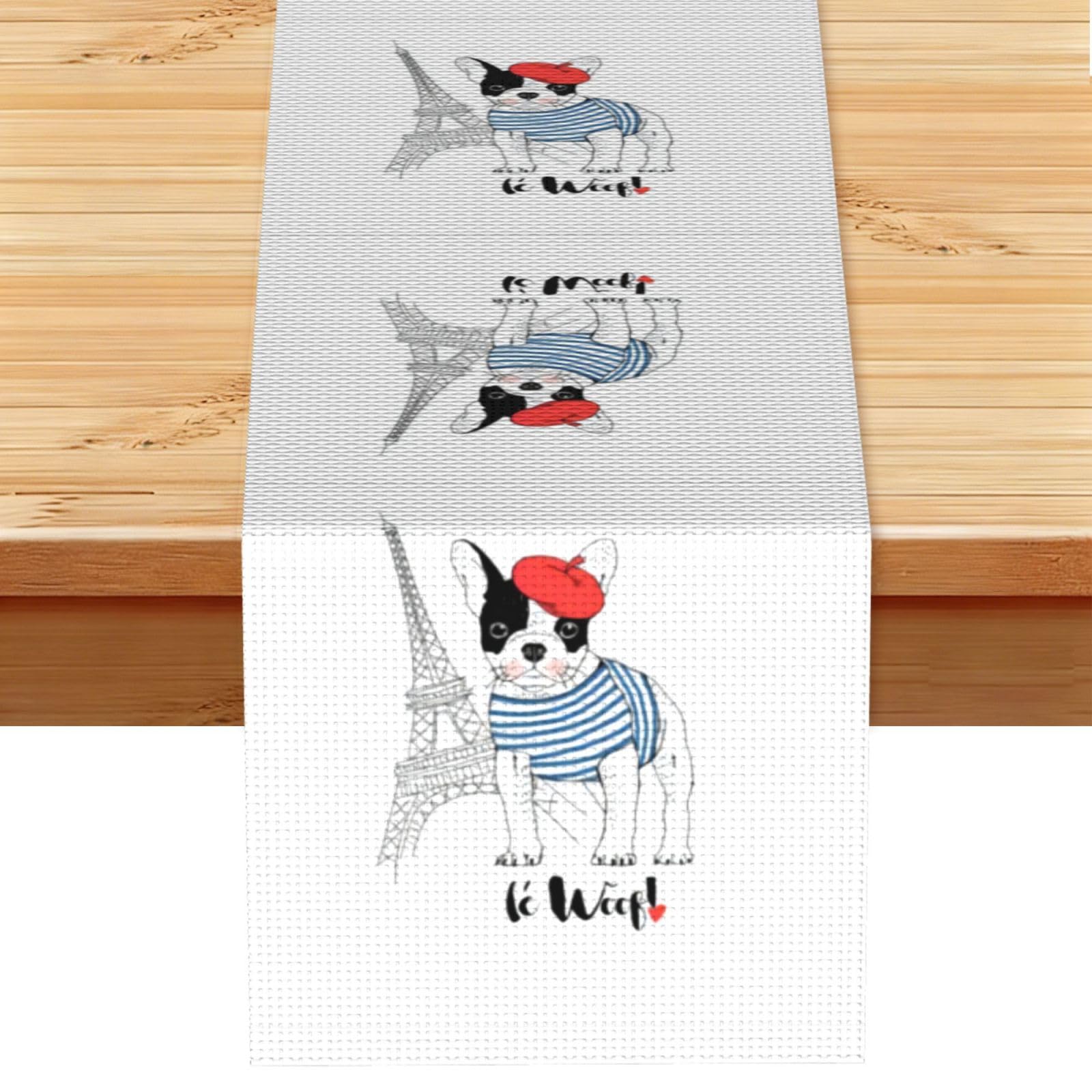 dog with Eiffel Tower Linen Feel Table Runner Wedding Party Home Decoration