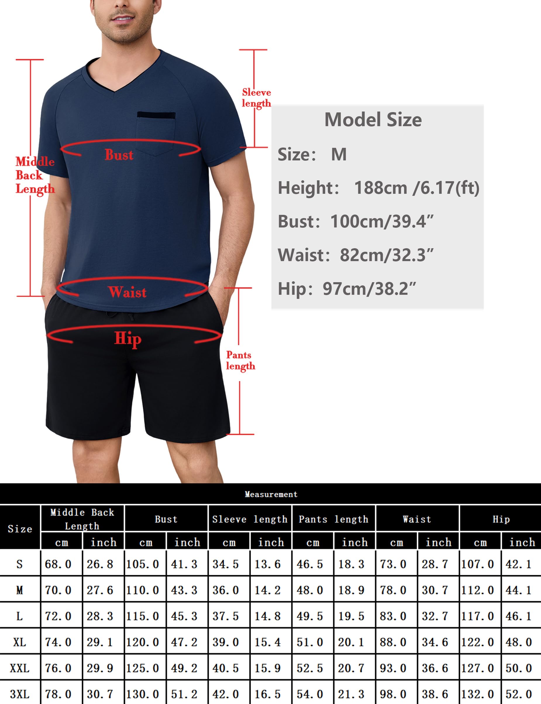Bresdk Schlafanzug Herren Kurz Sommer Pyjama Set Baumwolle Shorty Kurzer Schlafanzüge mit V-Ausschnitt Schlafanzughose Zweiteilig Set